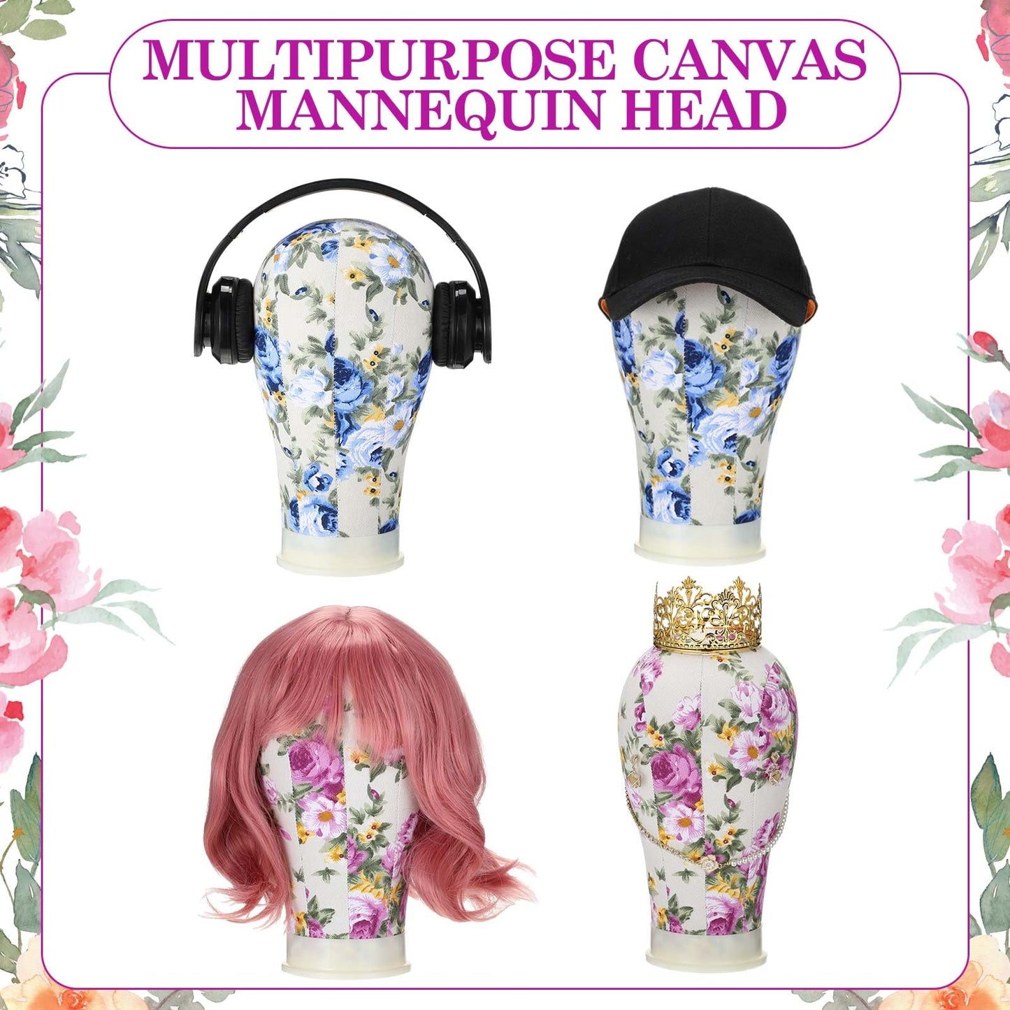 White Smoke DoubleFill 2-Piece Mannequin Heads for Wigs - 22 Inch Canvas Wig Heads with Mount Hole Pins & 2 C Clamp Stand Holder for Lace Wig Making & Display (Floral)