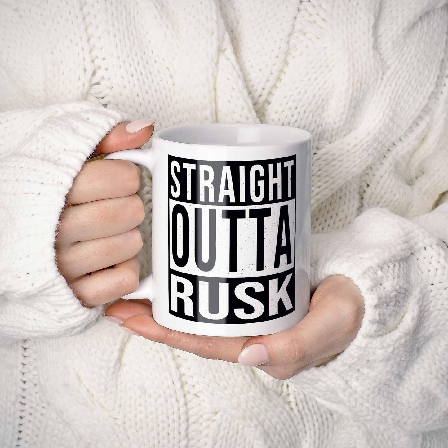 Light Gray Rusk Last Name Gift. Personalized, Custom "Straight Outta" Surname Sign Coffee Mug. 11 Ounces.