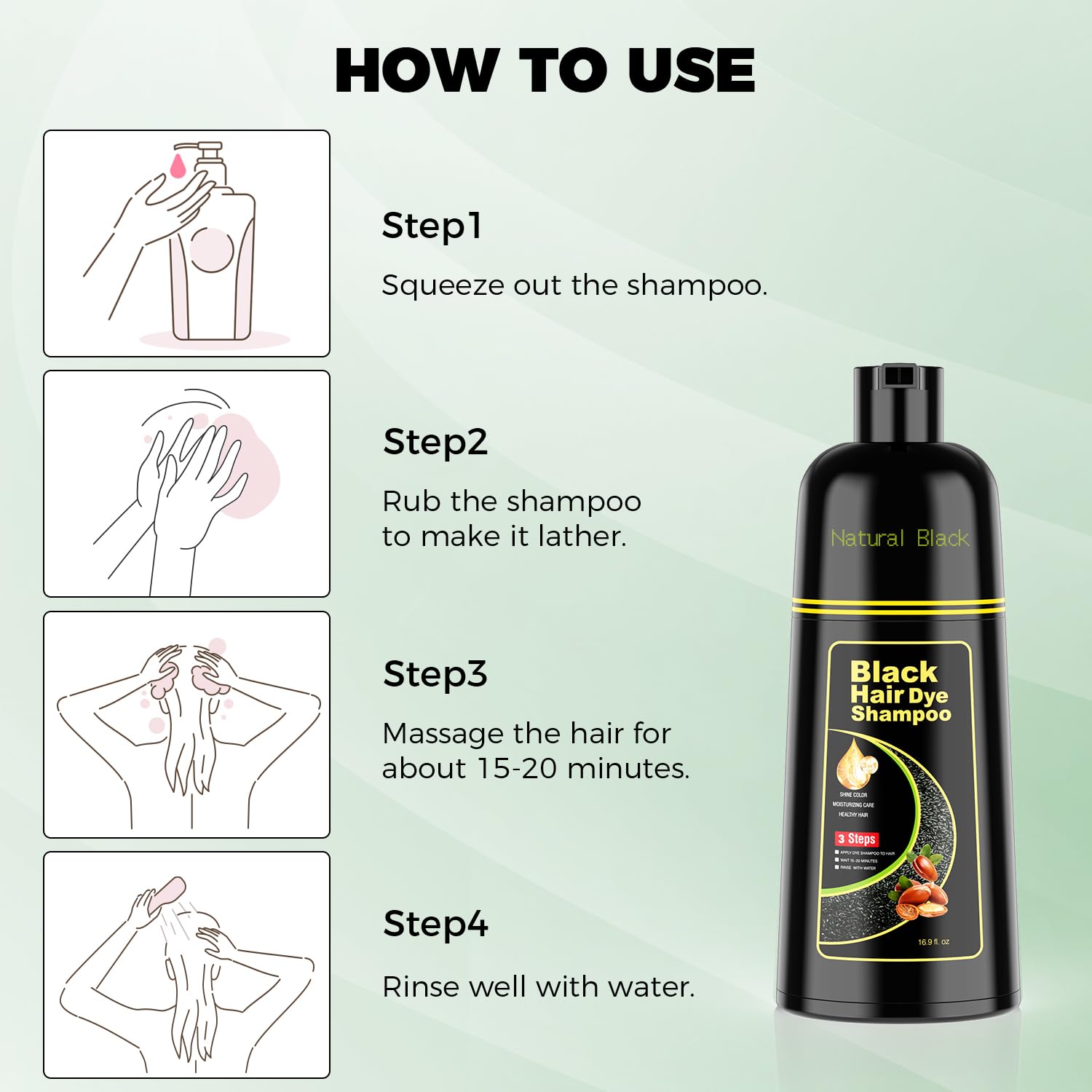 Light Gray KAISASA Black Hair Dye Shampoo 3 in 1，Argan Natural Herbal Formula Hair Color Shampoo Covers Gray Hair for Women and Men (16.9 fl.oz Black)