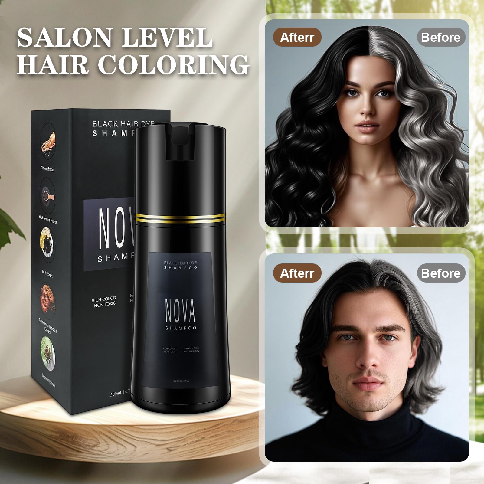 Black Hair Dye Shampoo & Champu Para Canas - Natural 3-in-1 Instant Gray Coverage for Men & Women (Black)
