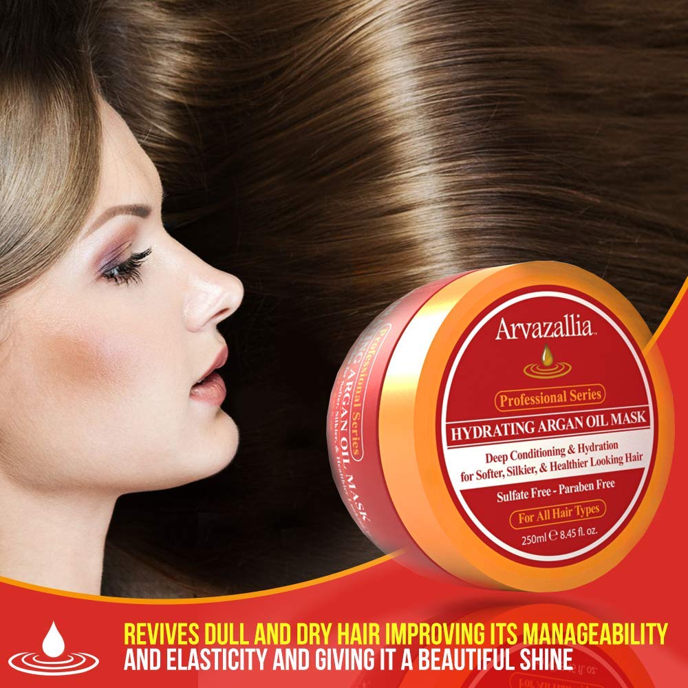 Black Arvazallia Hydrating Argan Oil Hair Mask and Deep Conditioner for Dry or Damaged Hair (8.45 oz Jar)