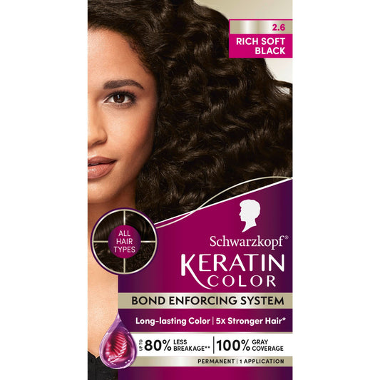 Black Schwarzkopf Keratin Permanent Hair Dye Cream, 2.6 Rich Soft Black, Professional Quality Color for Up to 100% Gray Coverage, Bond Enforcing System