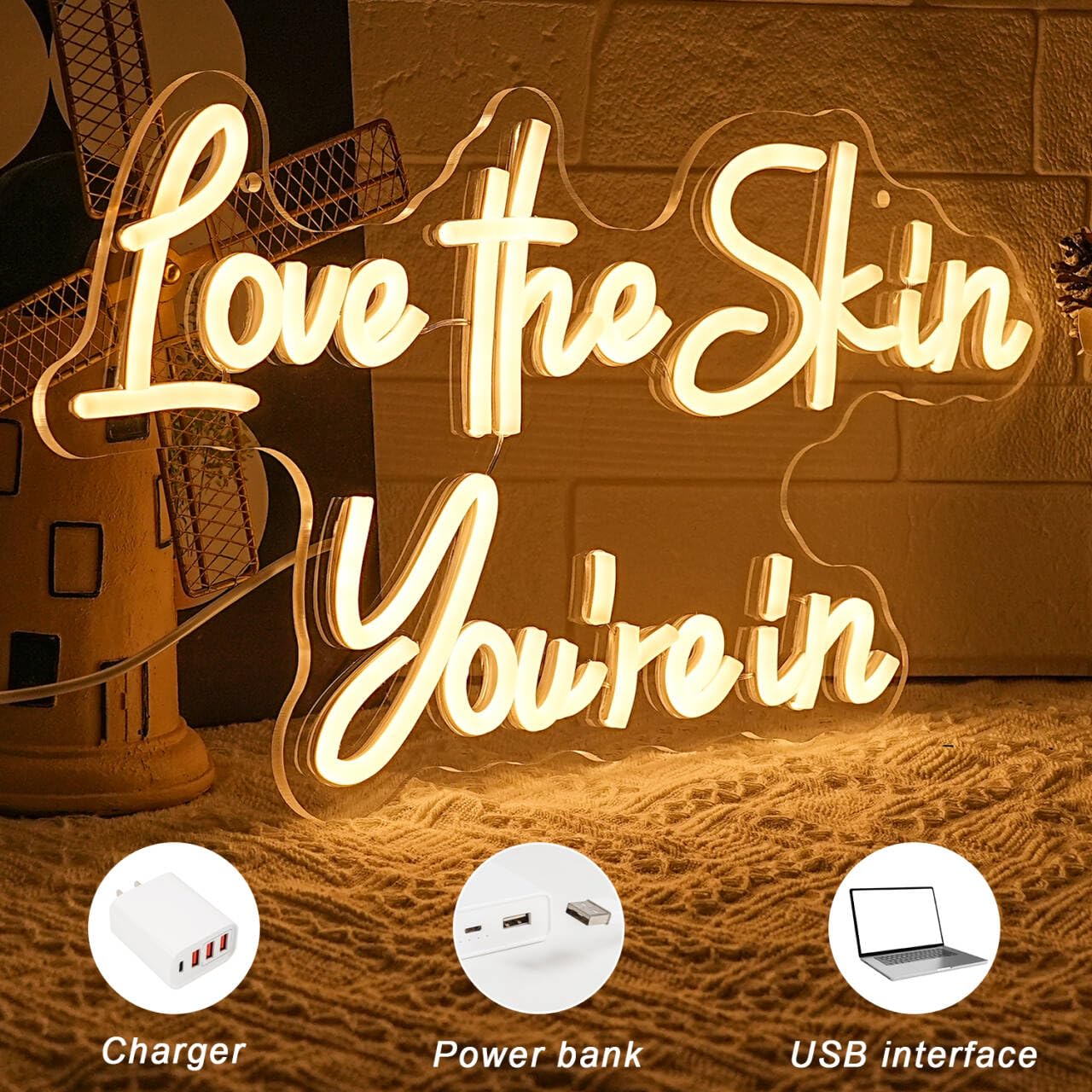 Saddle Brown Gyaksjm ''Love the Skin You're in'' Neon Sign Facial Spa Neon Light for Wall Decor Warm White Letters Neon Lights Beauty Salon Sign for Business Skin Care Salon Beauty Shop Decorations