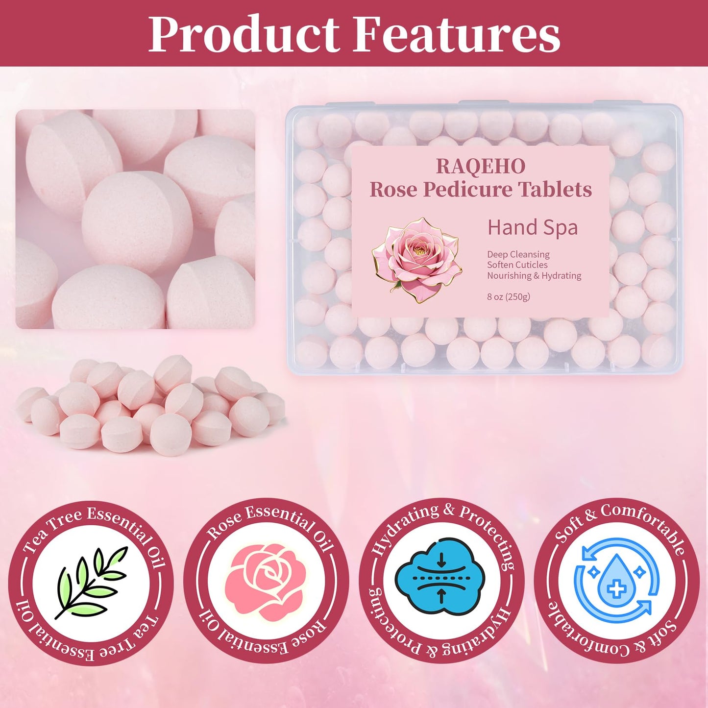 Light Gray RAQEHO Manicure Spa Balls 8oz -Rose Soak Balls Moisturizing Tablets Cuticle Soften Bombas Efervescentes Para Pedicure Spa Nail Supplies Tools for Hand Soak Pedicure Soak Nail Care Nail Salon（80count）