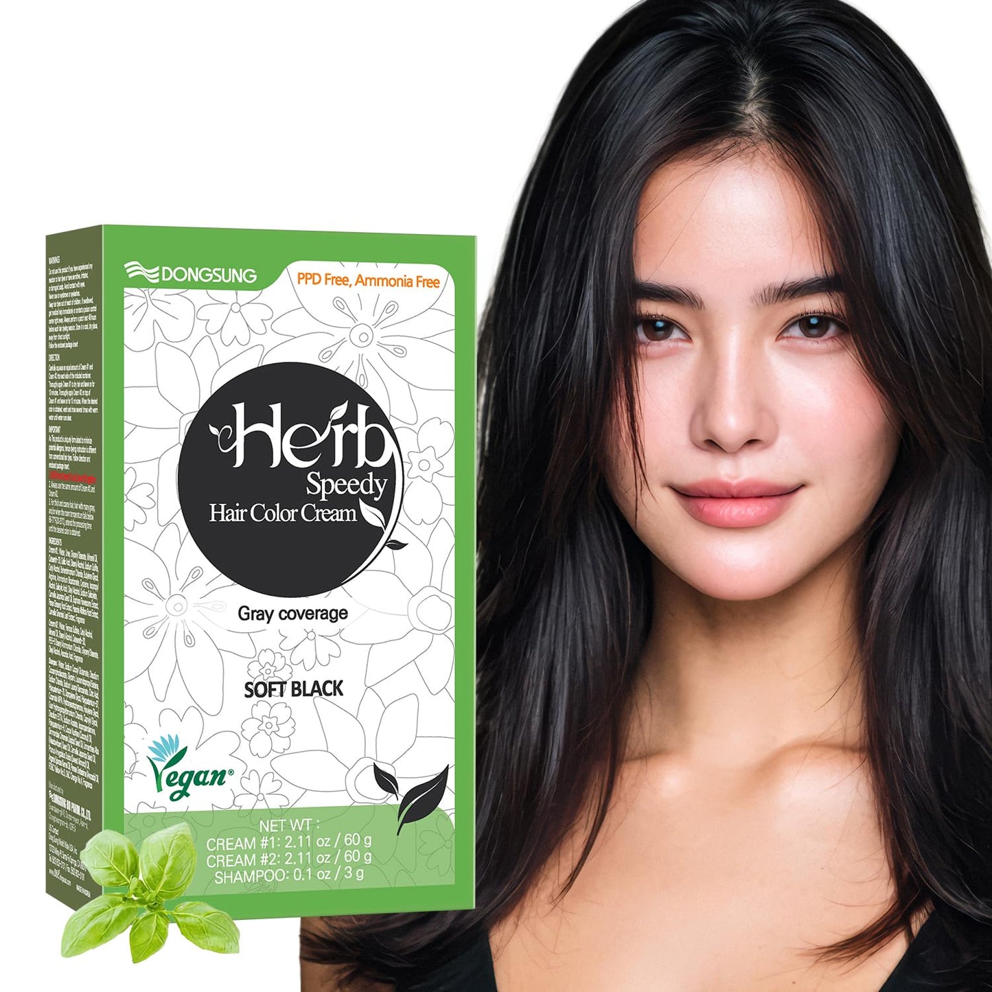 White Smoke Dongsung Herb Speedy Color Cream(Soft Black) – Korean Herbal Vegan Hair Dye, PPD-Free, Ammonia-Free, Hypoallergenic – 100% Gray Coverage Odorless Dermatologically Tested Quick 20-Minute Application