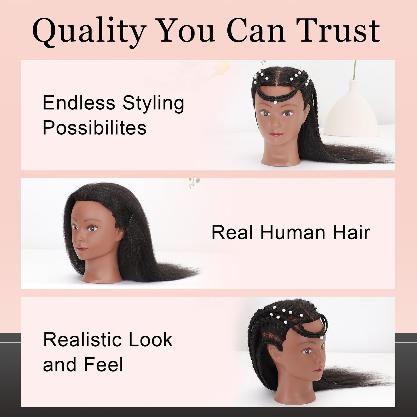 Misty Rose YODIDI Mannequin Head with 100% Human Hair, Manikin Head Human Hair Cosmetology Doll Head for Hair Styling Hairdresser Practice Braiding with Table Clamp Stand and Tools (16 inch)
