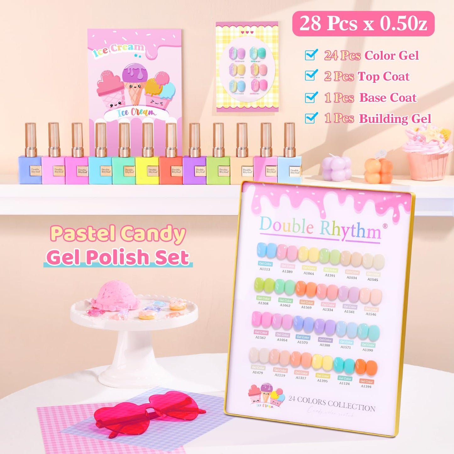 Misty Rose Double Rhythm 28Pcs 0.5Oz Gel Nail Polish Set Same Color Same Bottle Soak Off Gel Polish Kit Nail Art Manicure Salon DIY at Home for Women (Pastel Candy Collection-T24-5)