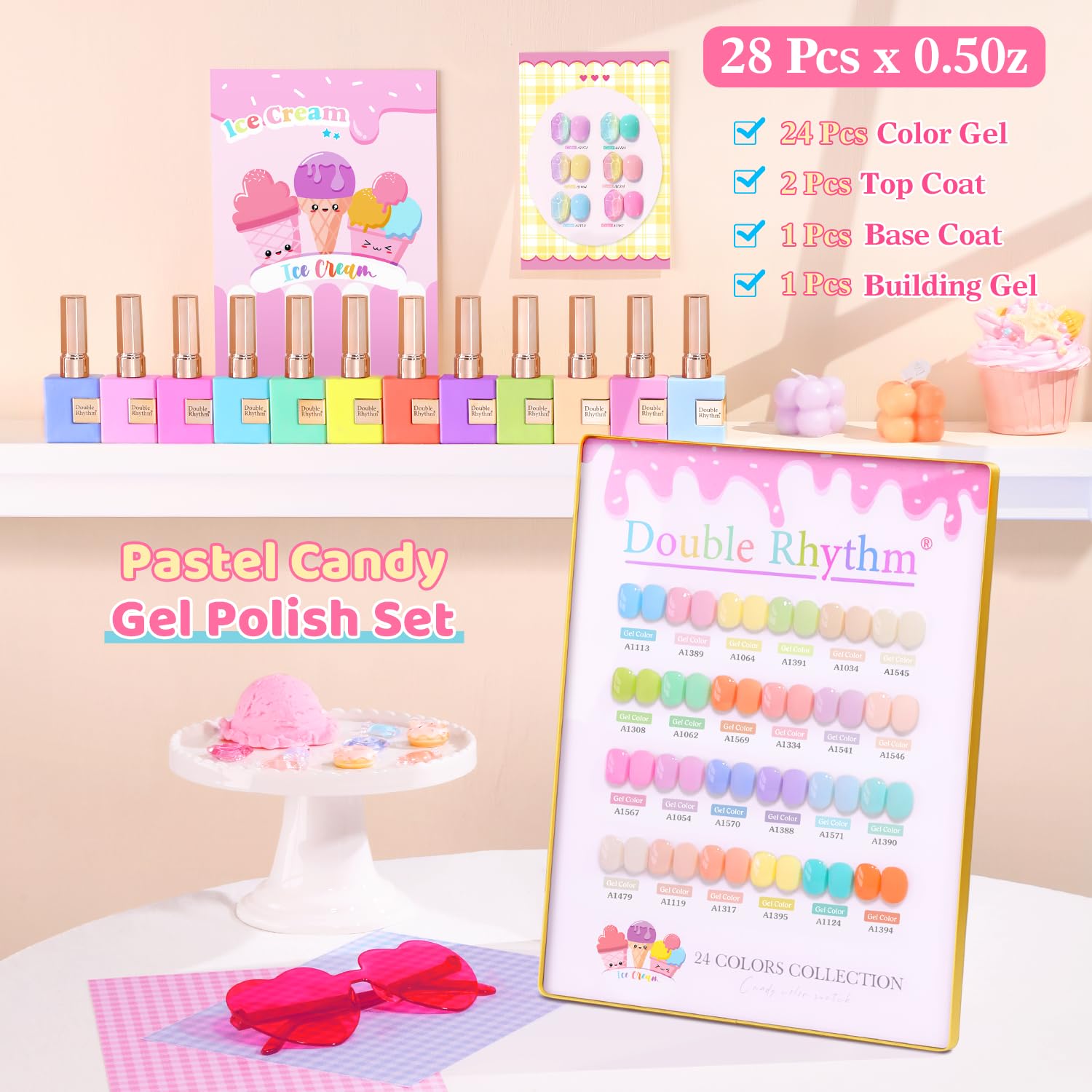 Misty Rose Double Rhythm 28Pcs 0.5Oz Gel Nail Polish Set Same Color Same Bottle Soak Off Gel Polish Kit Nail Art Manicure Salon DIY at Home for Women (Pastel Candy Collection-T24-5)