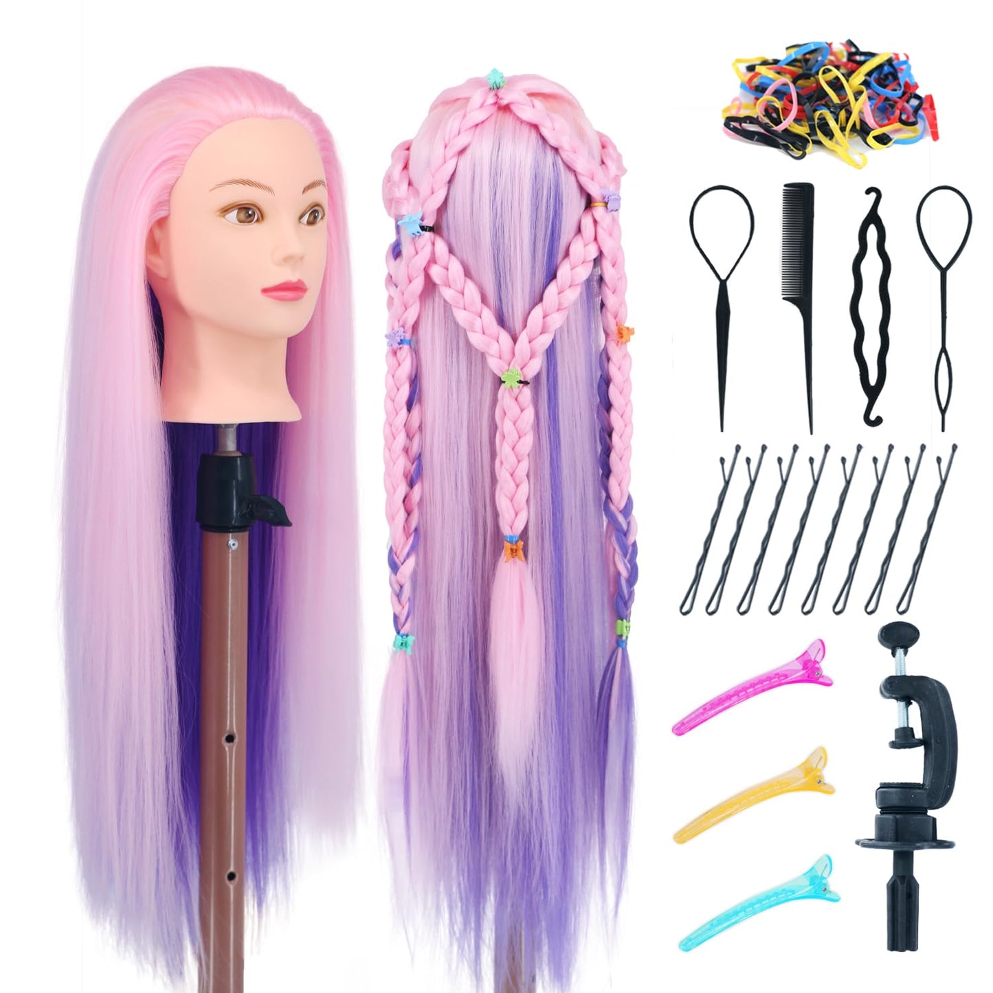 White Smoke Eumos Mannequin Head with Hair, 29'' Doll Head for Hair Styling Training Head Manikin Practice Cosmetology Doll Head Styling Hairdressing Training Braiding Heads with Clamp Holder (Pink Purple)