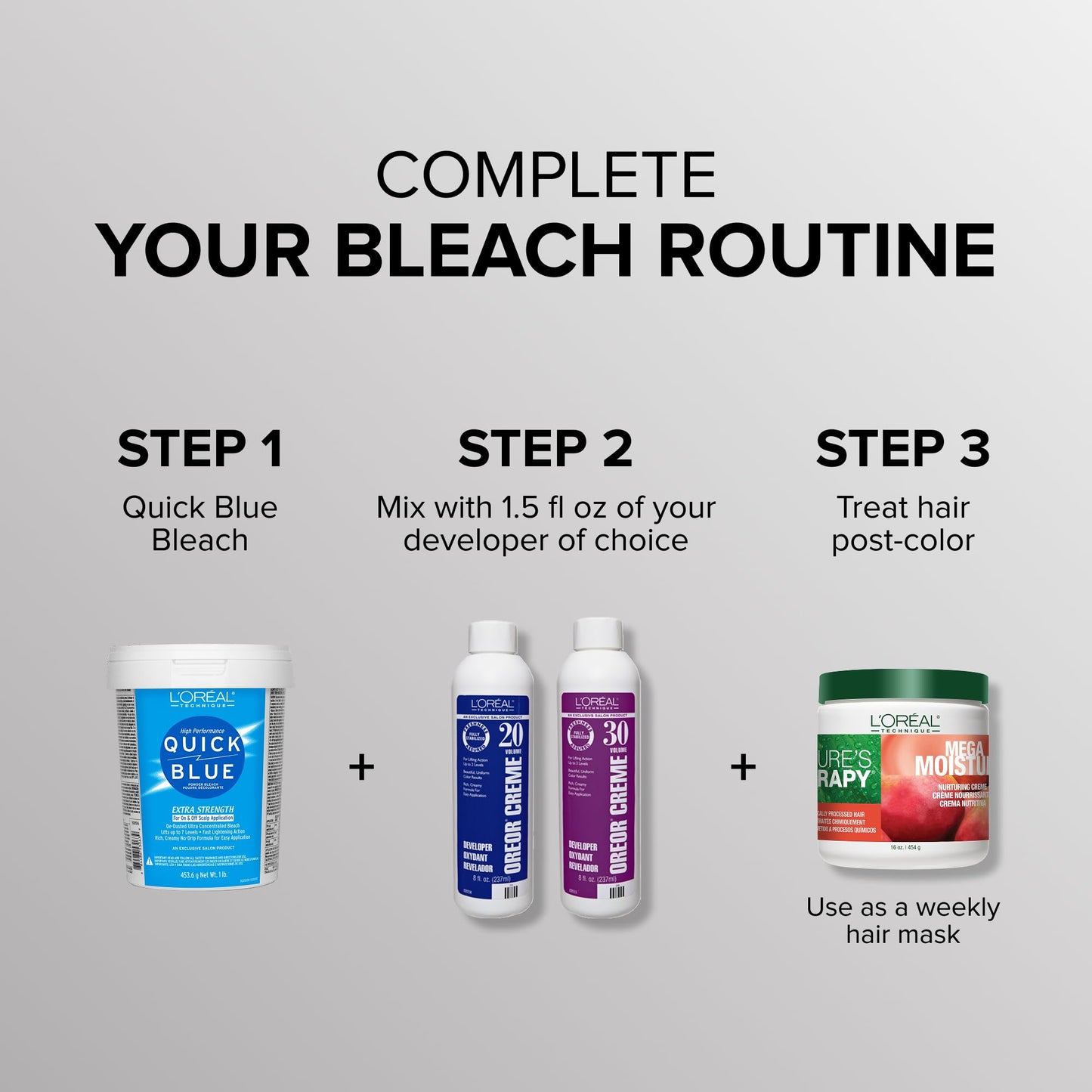 Light Gray L'Oréal Technique Quick Blue High Performance Bleach - Professional Hair Bleaching Powder, No Drip Formula, Extra Strength Lightening Action Lifts Up To 7 Levels, Single Application,1 Pound