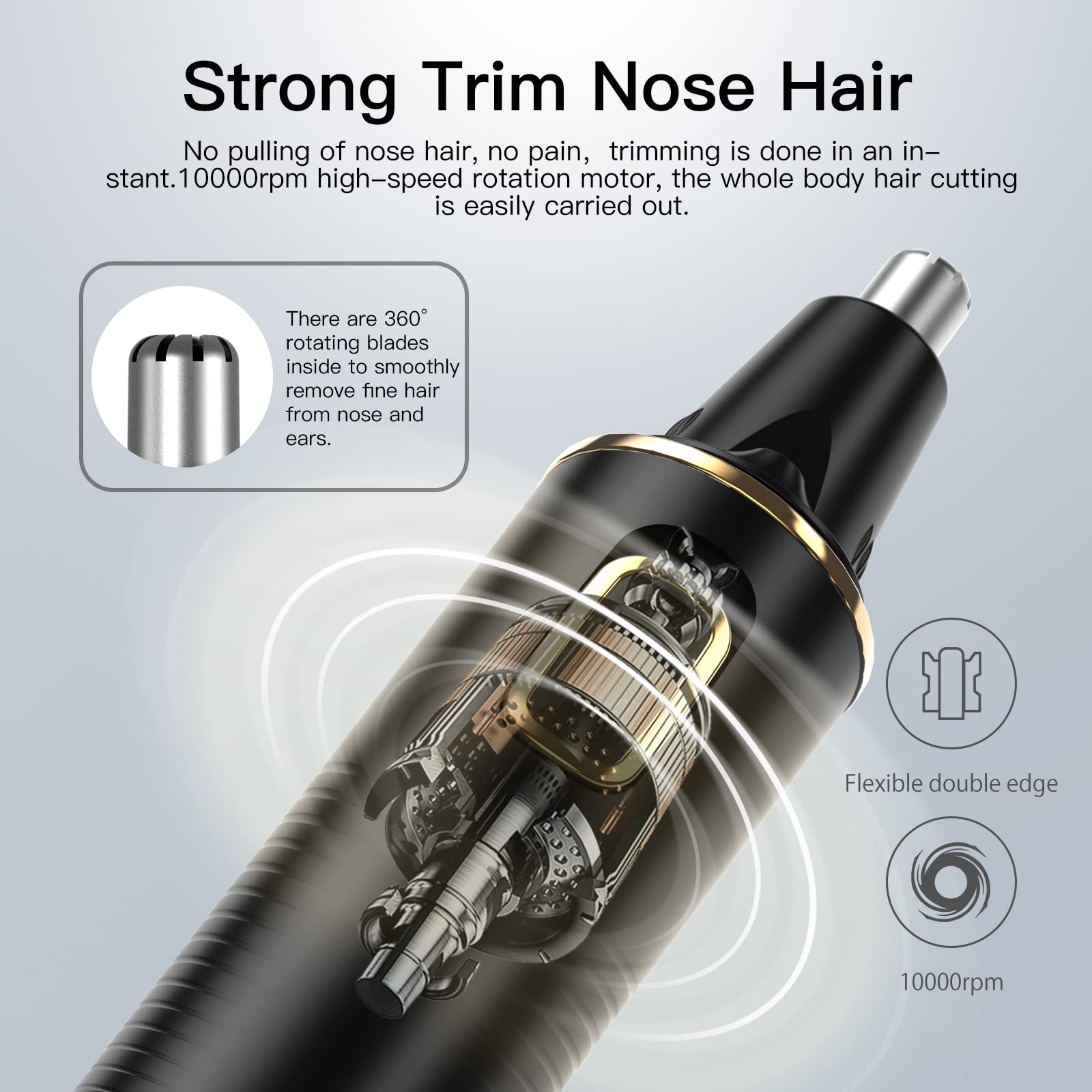 Light Gray XOOMRSCP Nose Hair Trimmers for Men，Rechargeable Hair Trimmer 2 in 1 Painless Multifunctional Ear and Nose Hair Trimmer with IPX7 Waterproof Dual Edge Blades (Black)