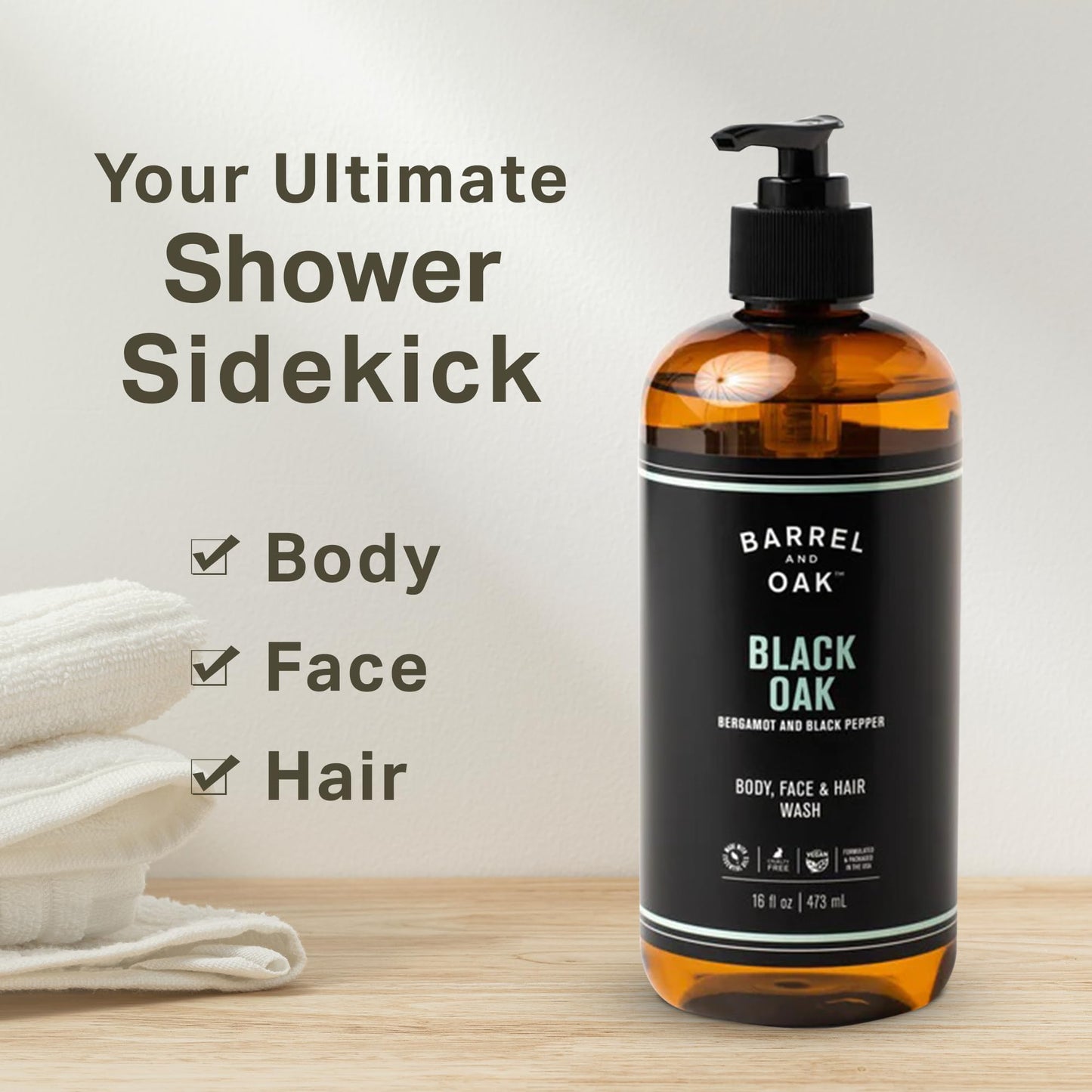 Light Gray Barrel & Oak All-in-One Wash for Face, Hair, & Body, Vegan & Hydrating Face, Shampoo and Body Wash for Men, Grooming Kit Gifts for Men, Black Oak, 16 oz