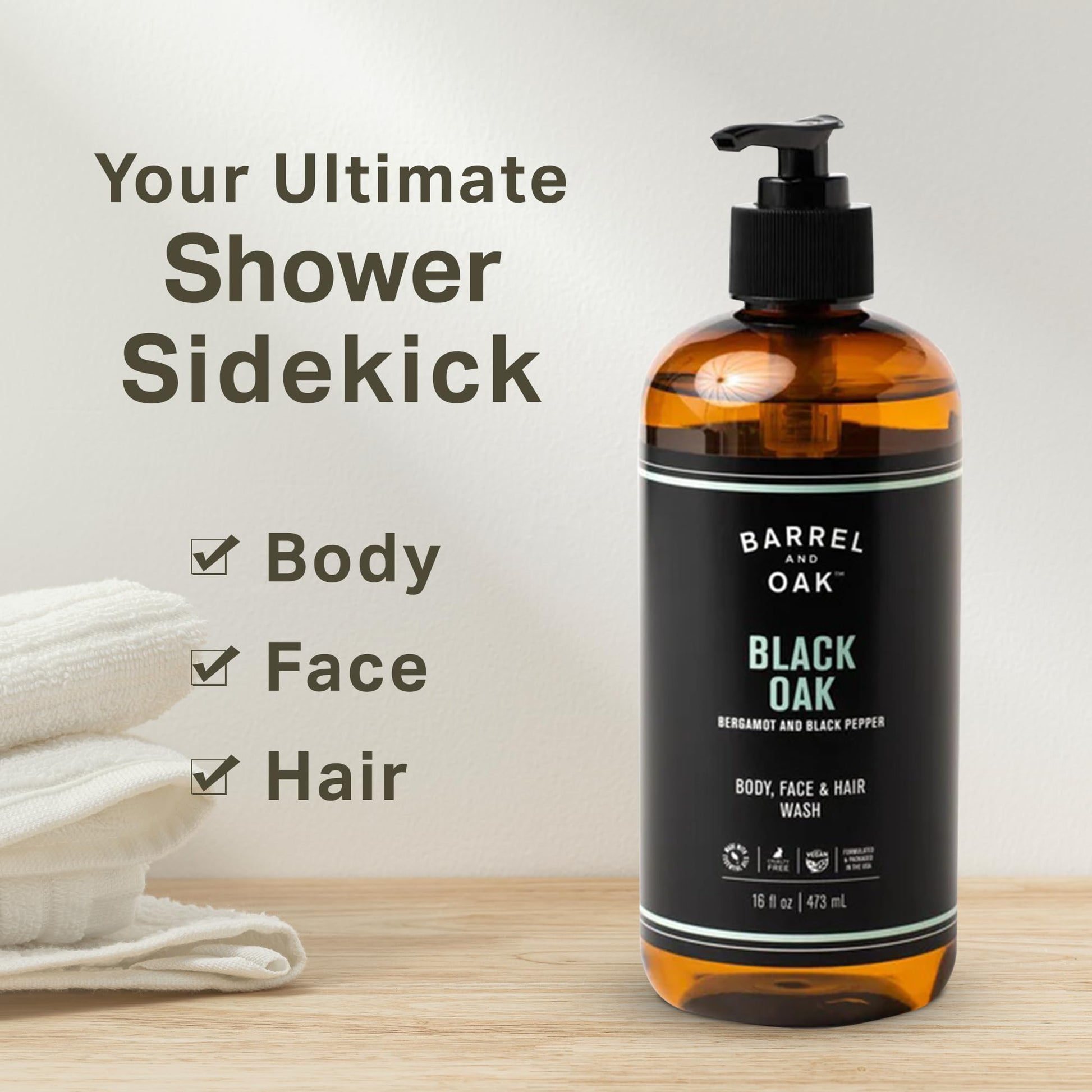 Light Gray Barrel & Oak All-in-One Wash for Face, Hair, & Body, Vegan & Hydrating Face, Shampoo and Body Wash for Men, Grooming Kit Gifts for Men, Black Oak, 16 oz