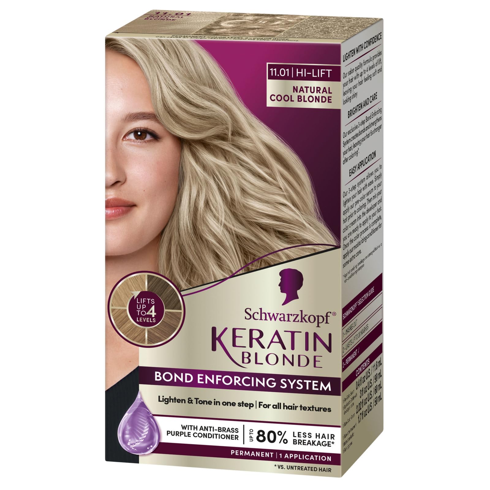 Dark Gray Schwarzkopf Keratin Blonde Hair Dye, 11.01 High Lift Natural Cool Blonde, Professional Quality Permanent Hair Color, Bond Enforcing System, Pre-Color Serum & Conditioner Included