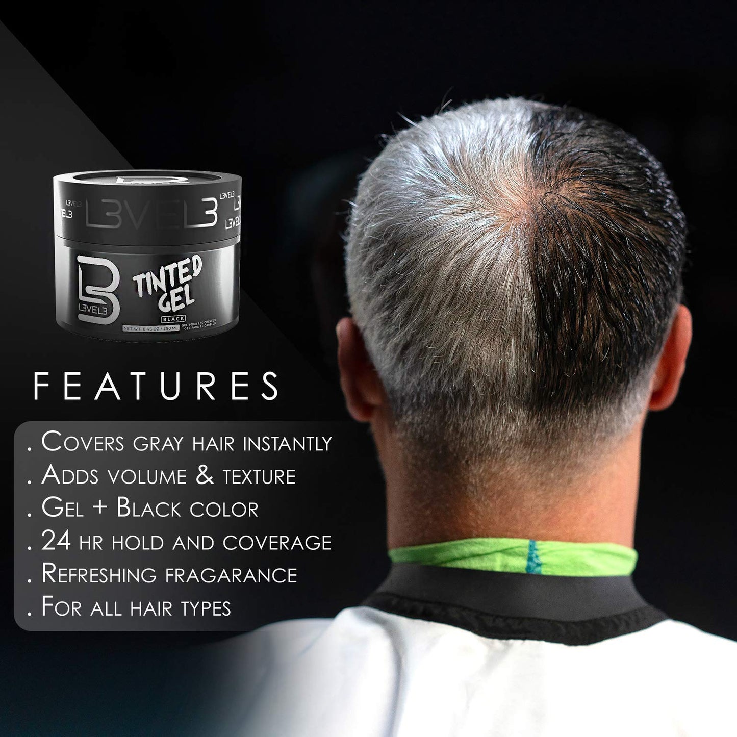 Black L3 Level 3 Black Tinted Hair Gel – Cover Grays Instantly & Style with Strong Hold | Adds Volume, Texture & Shine | Semi-Permanent, Flake-Free Formula