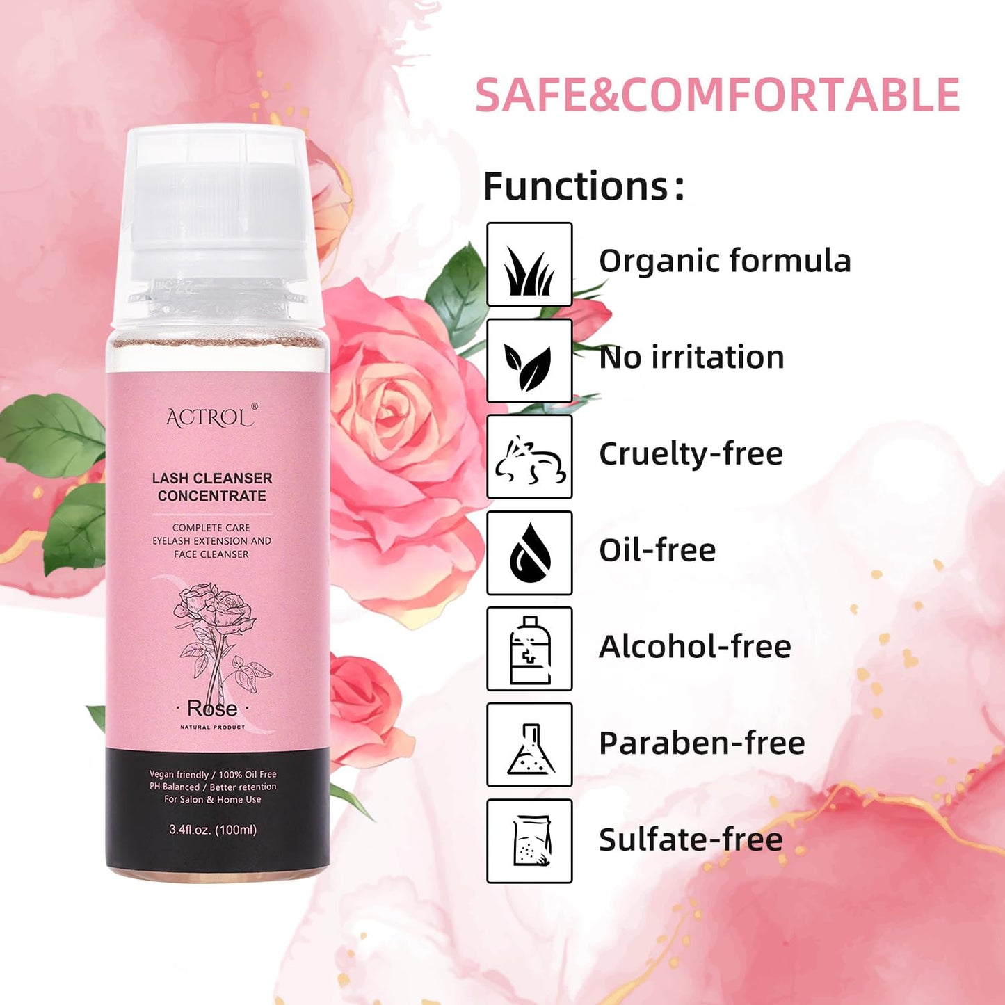 White Smoke ACTROL Eyelash Shampoo Concentrate 100ml Lash Extensions Cleanser Concentrate Rose Natural Foaming Shampoo Wash for Extensions Lashes with Salon Home Care-Makes 60ml Bottles