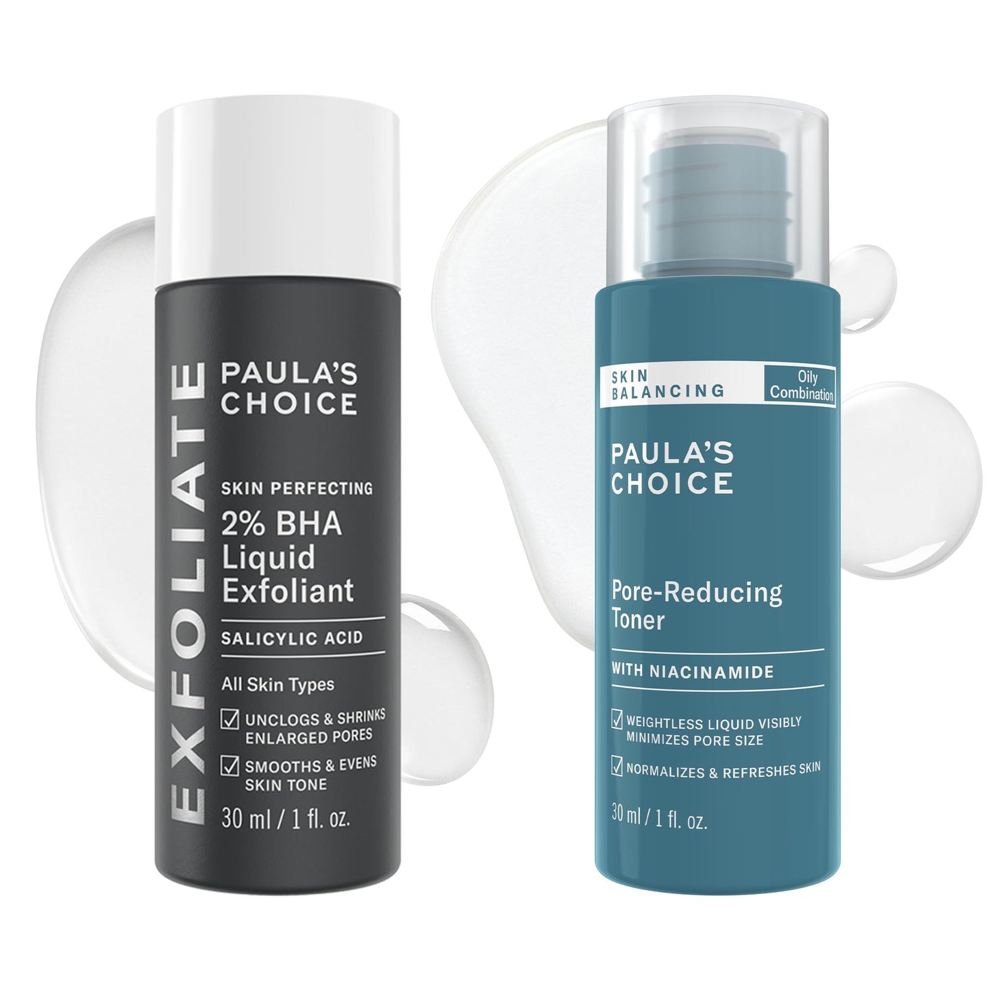 White Smoke Paula's Choice SKIN PERFECTING 2% BHA Liquid Exfoliant, Salicylic Acid Facial Exfoliator for Enlarged Pores, Travel Size 1oz & Skin Balancing Pore Reducing Face Toner with Niacinamide, 1oz