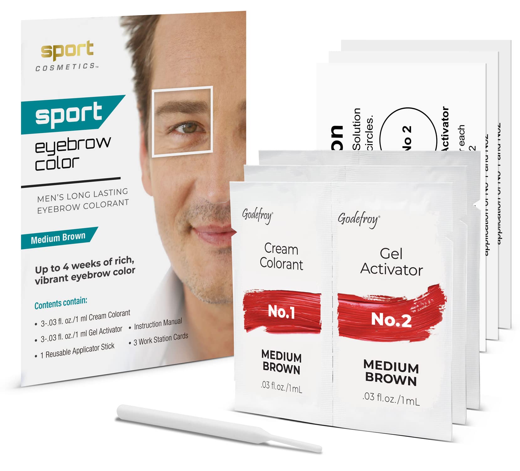 White Smoke Sport Eyebrow Colorant, Men's Long Lasting Treatment to Cover Gray Brow Hairs, Medium Brown