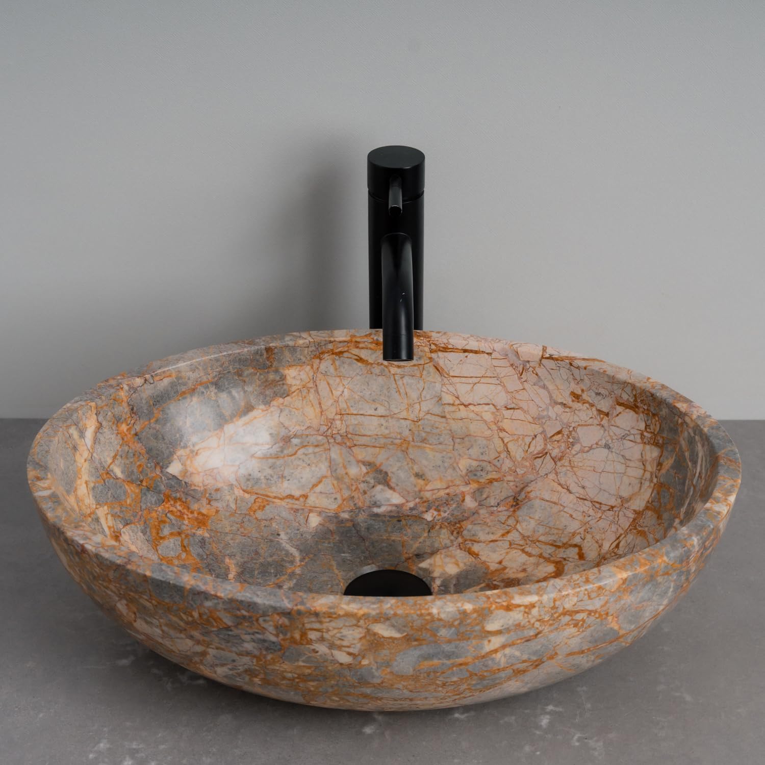 Dark Gray Oval-Shaped Golden - Gray Marble Vessel Sink for Bathroom – 19" × 15" × 6"