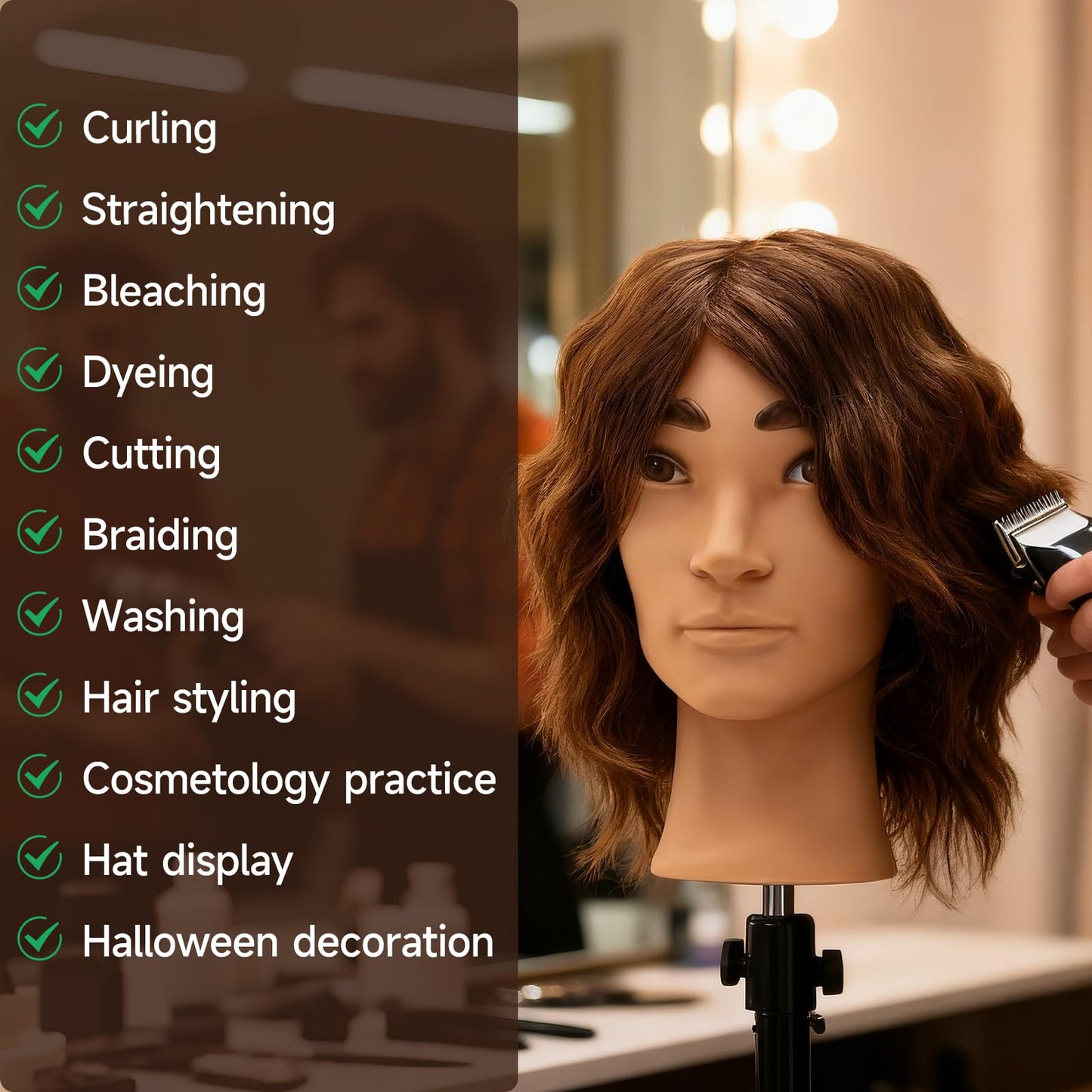 Dark Slate Gray Barber Mannequin Head Male, Mannequin Head Human Hair for Practicing Haircut, Cosmetology Mannequin Head with 100% Human Hair