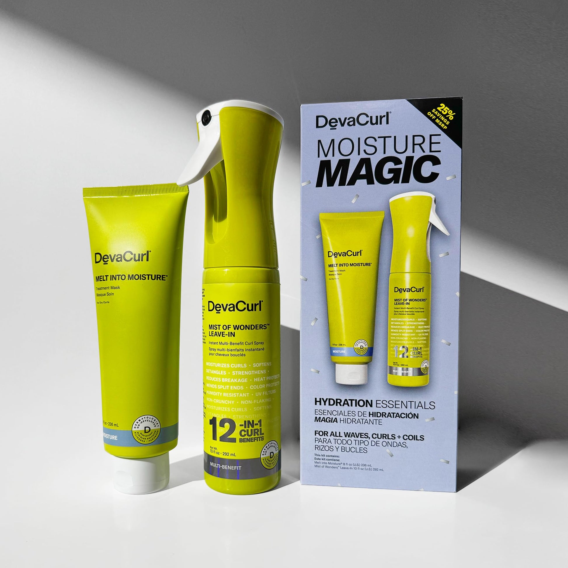 Lavender DevaCurl Moisture Magic Hydration Essentials Kit | Melt in Moisture Mask | Mist of Wonders Leave-In 12-in-1 Multi Benefit Curl Spray