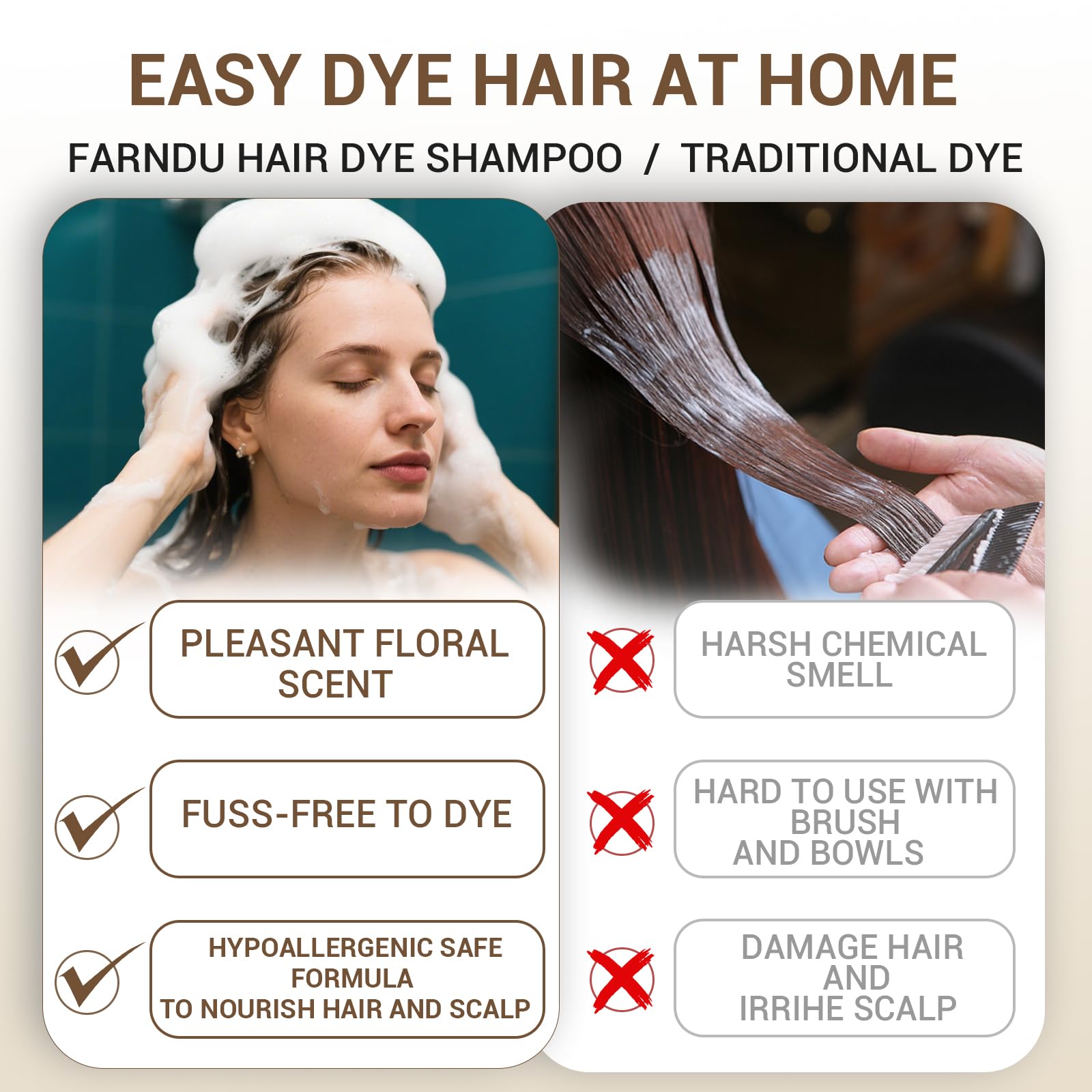 White Smoke Farndu Dark Brown Hair Dye Shampoo for Women Men, 3 in 1 Hair Color Shampoo Dye for Grey Hair Coverage Champu Para Canas Mujer