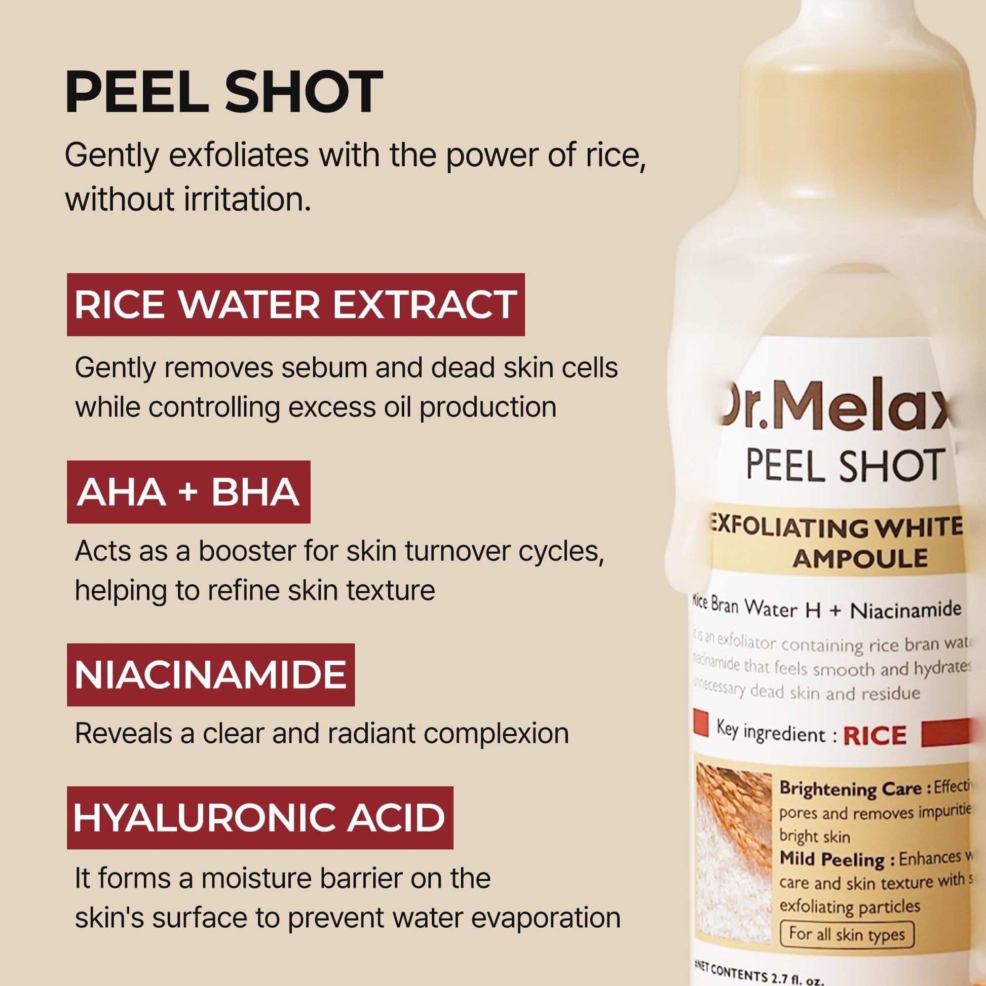 Light Gray Dr.Melaxin Peel Shot Glow White Rice Peeling Ampoule with Rice Extract & AHA BHA, Brightening & Gentle Exfoliating Serum for Sebum Control, Niacinamide & Hyaluronic Acid, Korean Skincare, 2.71 fl.oz