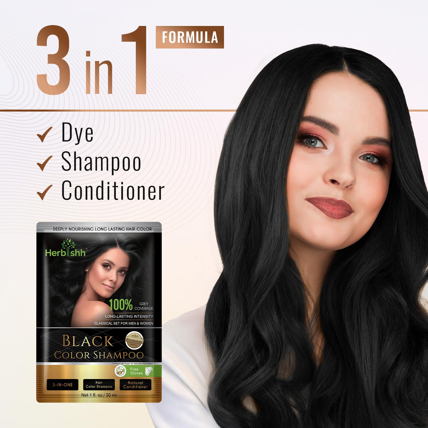 Black Herbishh Natural Hair Dye Shampoo with Argan Mask - Long-Lasting Color for Gray Hair - Travel Size, 10+1 Pack, Ammonia-Free (Black)