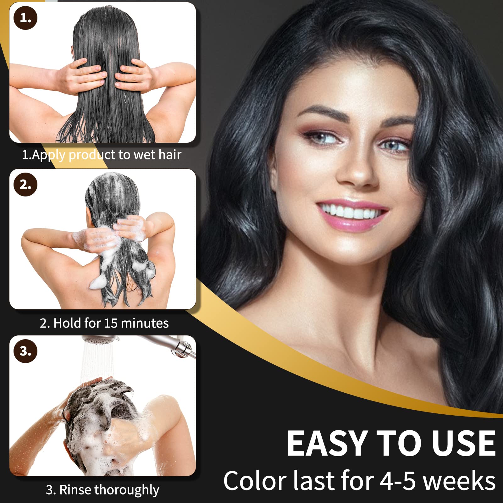 Black COSMTEK Black Dye Shampoo for Permanent Hair Color - Men&Women, Gray Coverage, Beard & Treated Hair, 3-In-1, 30 Days/500ml/Ammonia-Free/Natural Herbal