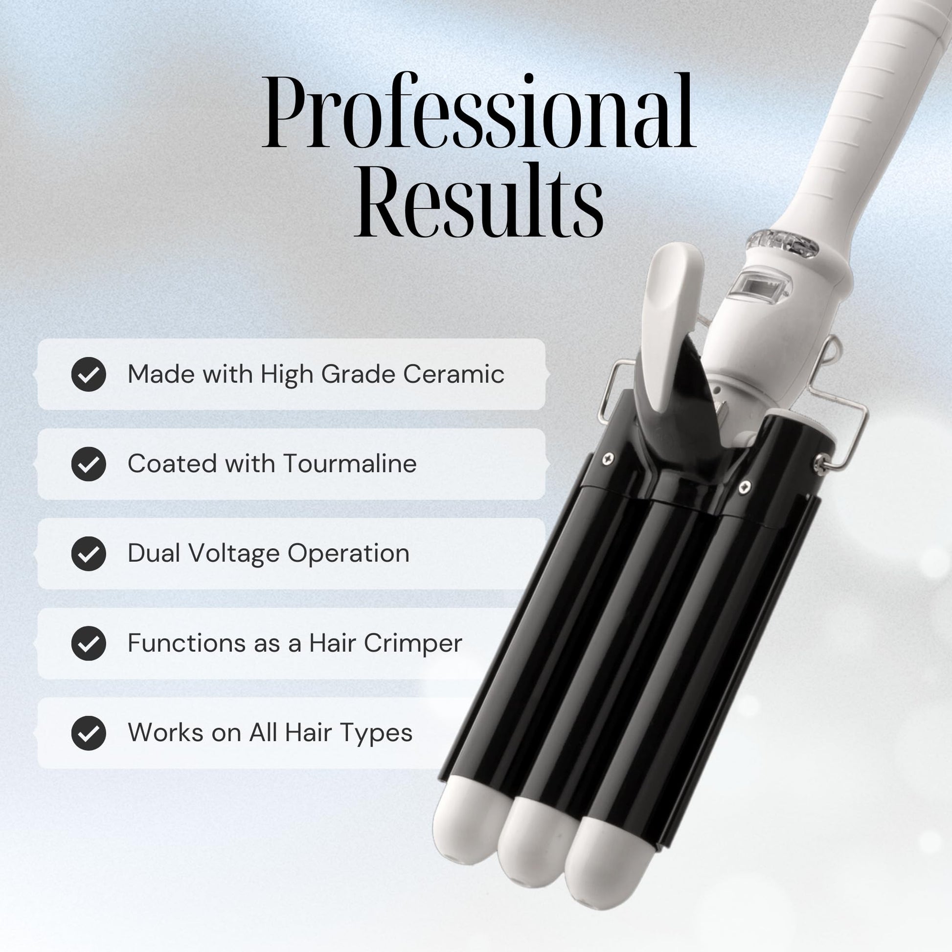 White Smoke Alure Three Barrel Curling Iron Wand Hair Waver with LCD Temperature Display - 1 Inch Ceramic Tourmaline Triple Barrels, Dual Voltage Crimp (Black/White)