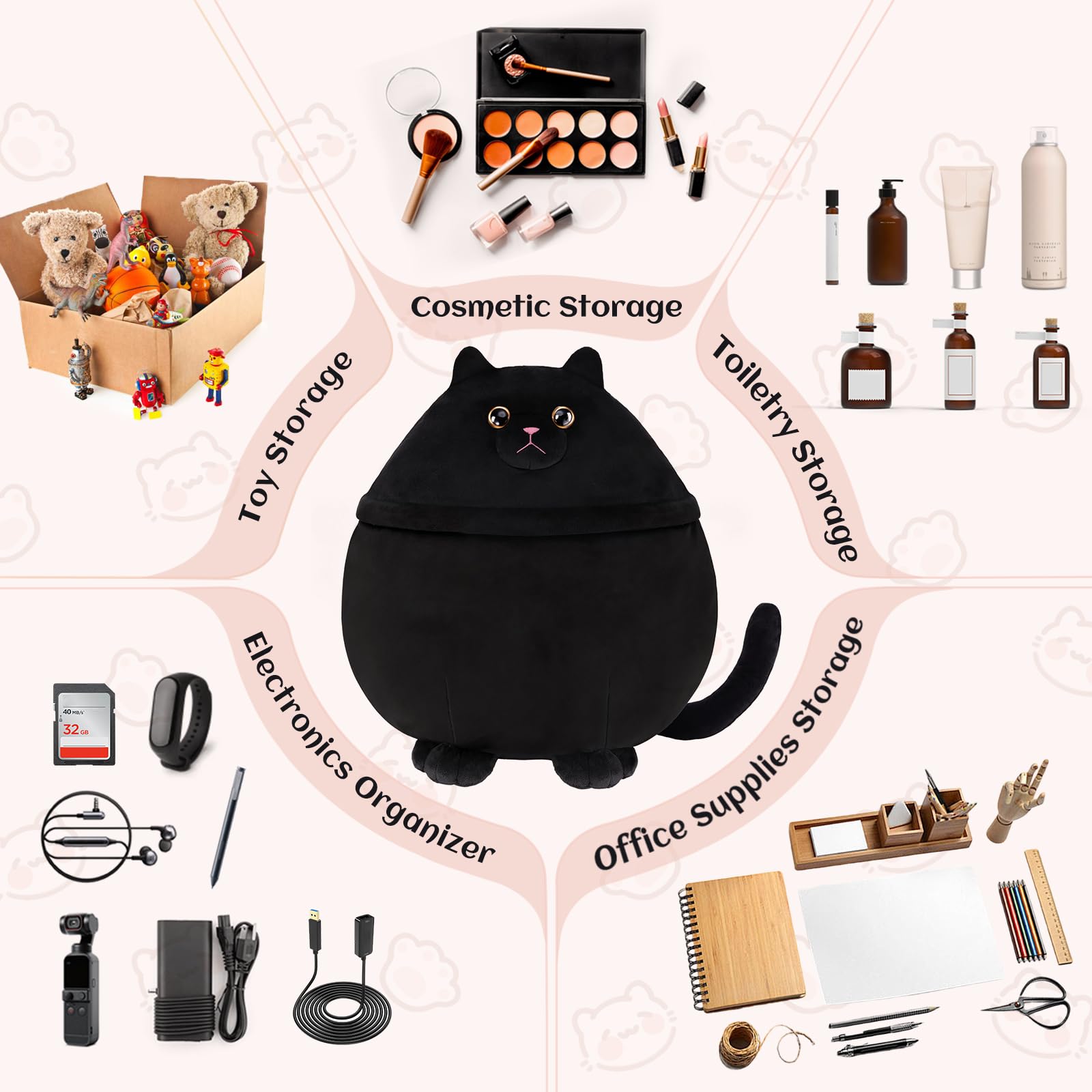 White Smoke Cantustime Funny Cat Makeup Bag - Large Capacity Cute Travel Toiletry Cosmetic Bag Pouch Organizer - Mothers Day Easter Birthday Christmas Unique Gifts for Women Teen Girls Cat Lovers-Black