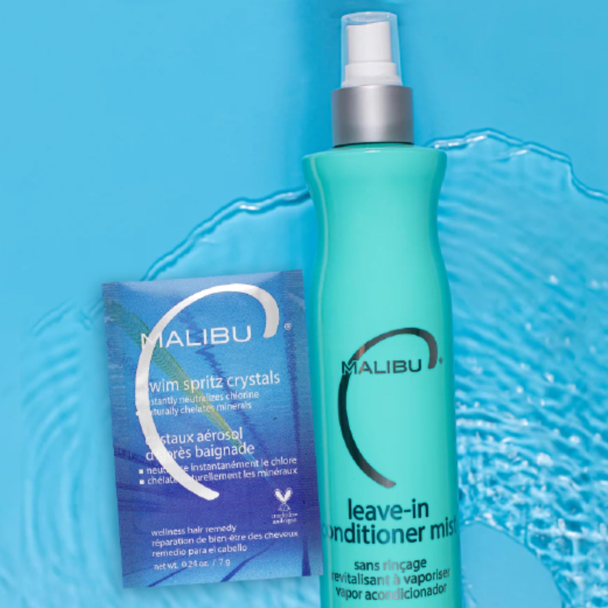 Medium Turquoise Malibu C Swim Spritz Crystals (1 Packet) - Contains Vitamin C to Eliminate Chlorine from Skin & Hair Post Swim - Non-Irritating Chlorine Neutralizer for Hair + Skin