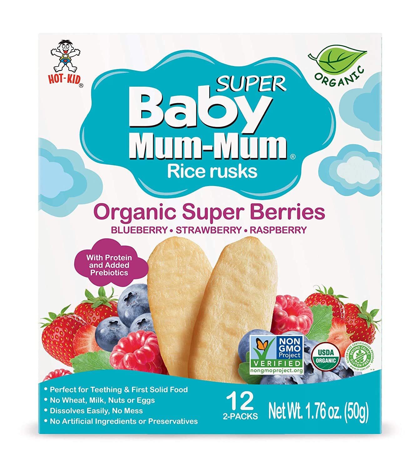 White Smoke Baby Mum-Mum Organic Gentle Teething Crackers, Super Berry | 24 Count (Pack of 6) | Gluten Free, Allergen Free, Non-GMO | Baby Snacks, Teether Relief Rice Rusk Cookies for Babies