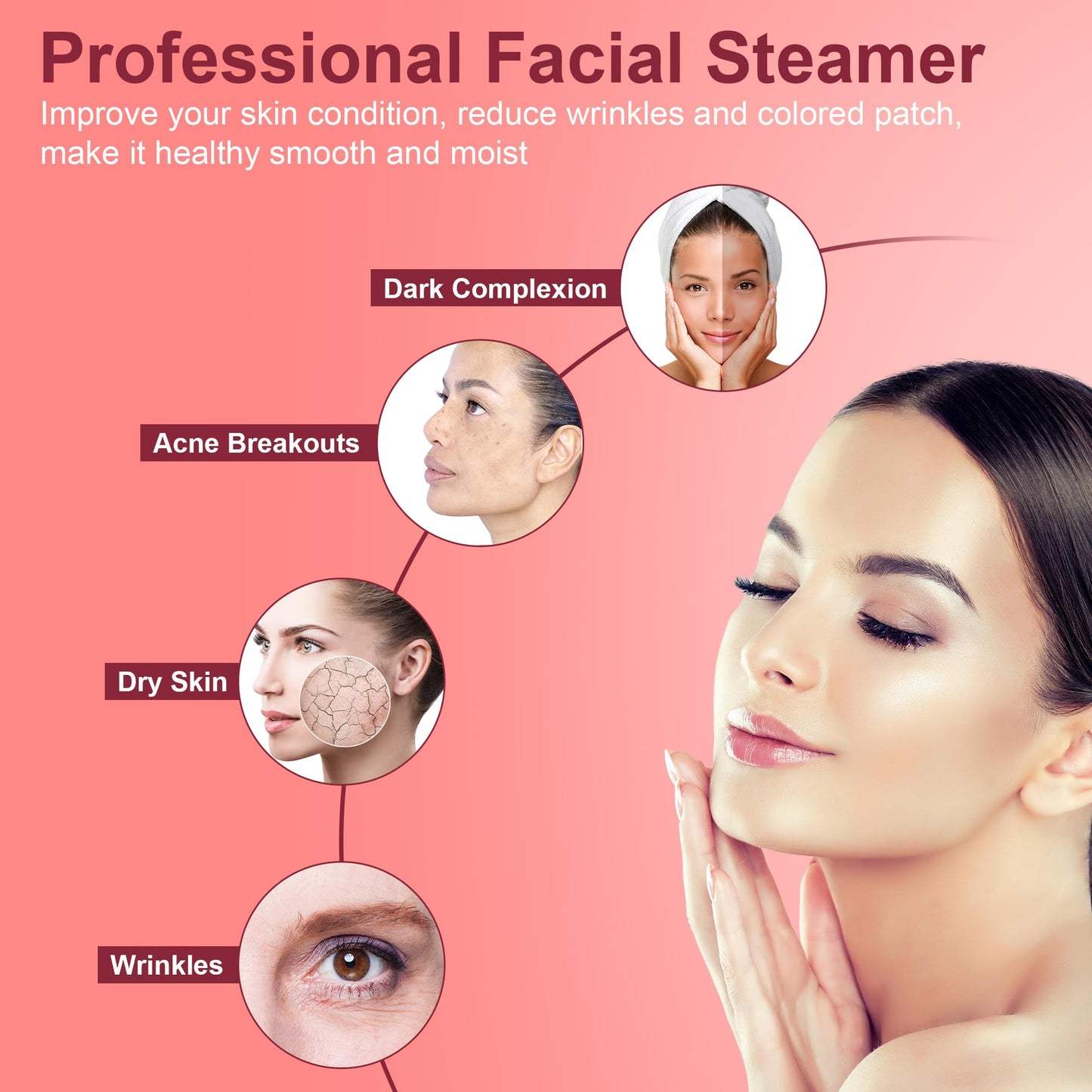 Light Coral Saicool Professional Facial Steamer - Standing Ozone Facial Steamer on Wheels w Hot Mist for Facial Treatment Personal Care for Spa Salon Home Use