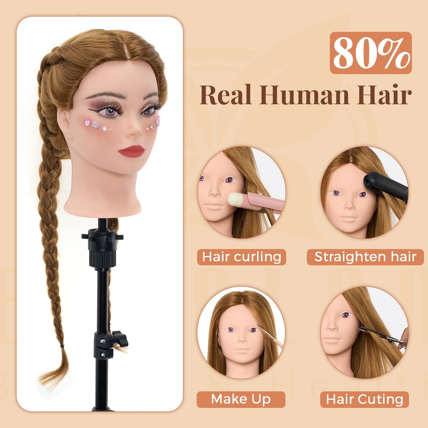 White Smoke Mannequin Head 80% Human Hair with Tripod Stand,28 Inch Make up Cosmetology Manikin Practice Doll Head,Braiding Hairdressing Head with Table Clamp + DIY Hair Styling Set
