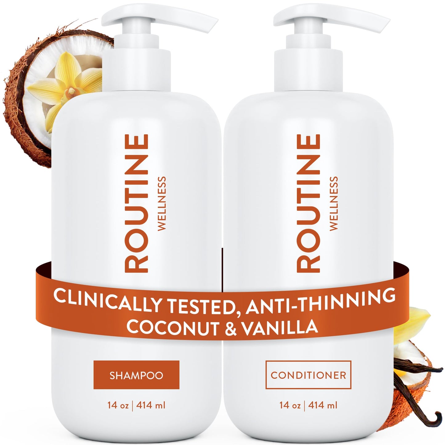 White Smoke Routine Wellness Anti-Thinning Shampoo and Conditioner Set for Thinning Hair - Biotin DHT Blocker Women & Men - Color Safe Shampoo for Hair Loss & Healthier Hair - Coconut & Vanilla (Pack of 2)
