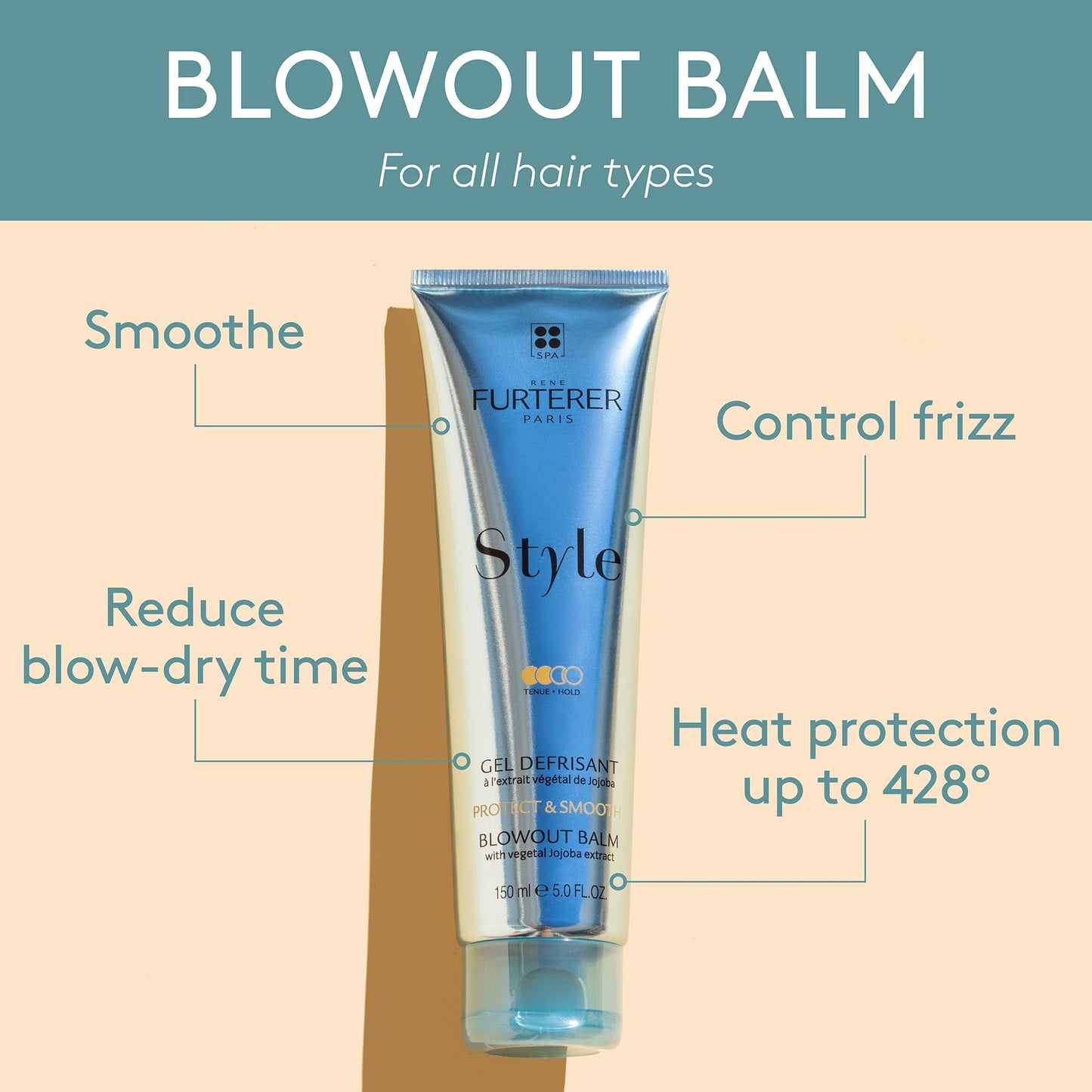 Bisque Rene Furterer STYLE Blow Out Balm - Reduces Drying Time & Protects Against Heat - WIth Moisturizing Jojoba Extract - All Hair Types - Vegan & Silicone-Free - 5.0 fl. oz