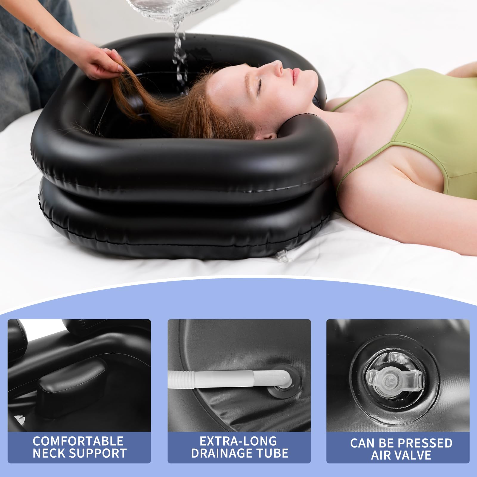 White Smoke Inflatable Shampoo Basin, Portable Shampoo Bowl with Neck Support and Drain Hose for bedridden People, Portable Shampoo Sink for The Elderly, Disabled, Pregnant Women, Injured People (Black)