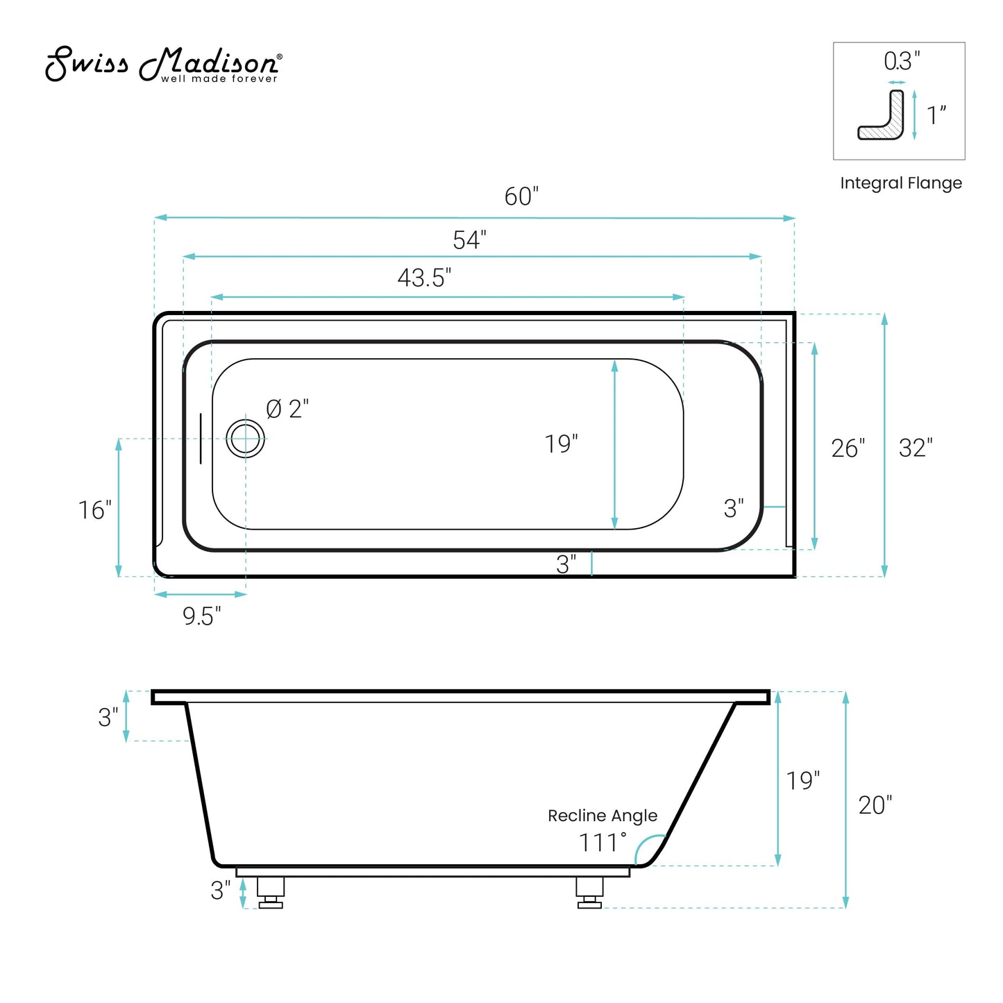 White Smoke Swiss Madison Voltaire 60 x 32 Left Drain Soaking Alcove Bathtub in Glossy White with Integrated Overflow, Drain Included