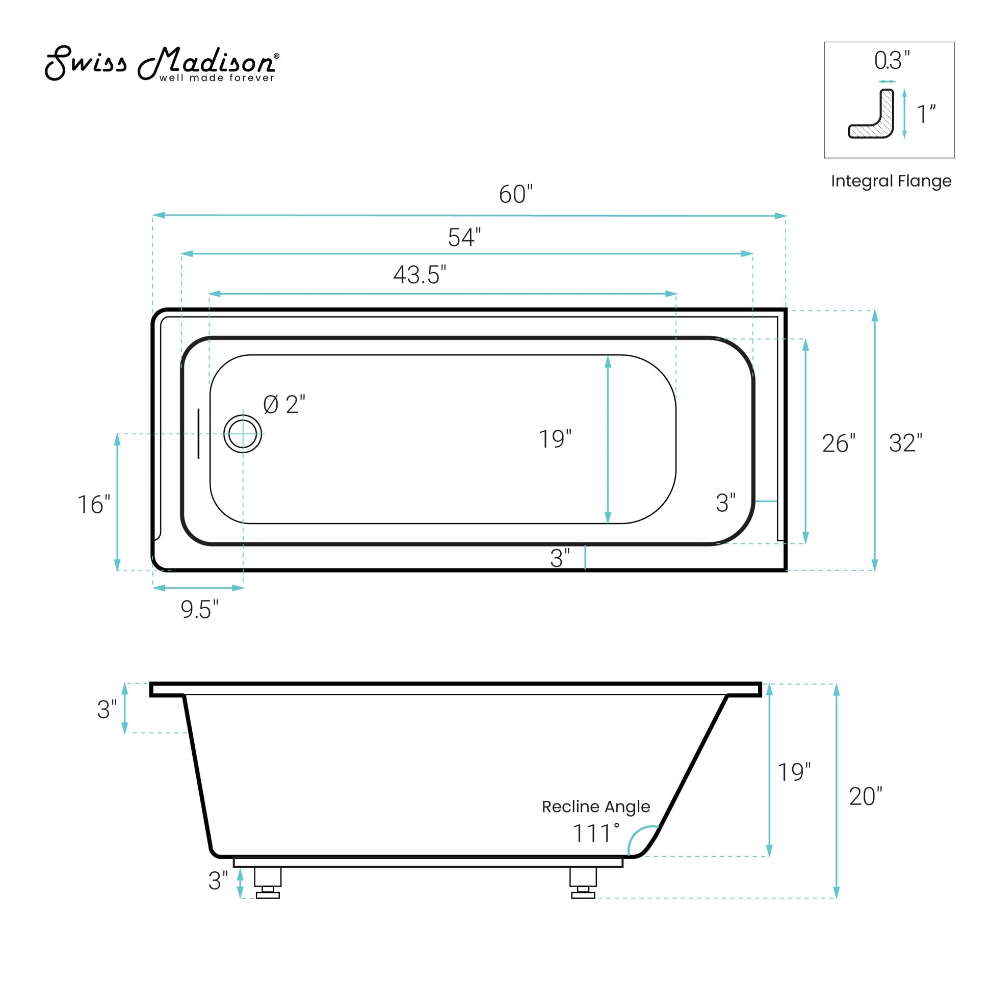 White Smoke Swiss Madison Voltaire 60 x 32 Left Drain Soaking Alcove Bathtub in Glossy White with Integrated Overflow, Drain Included