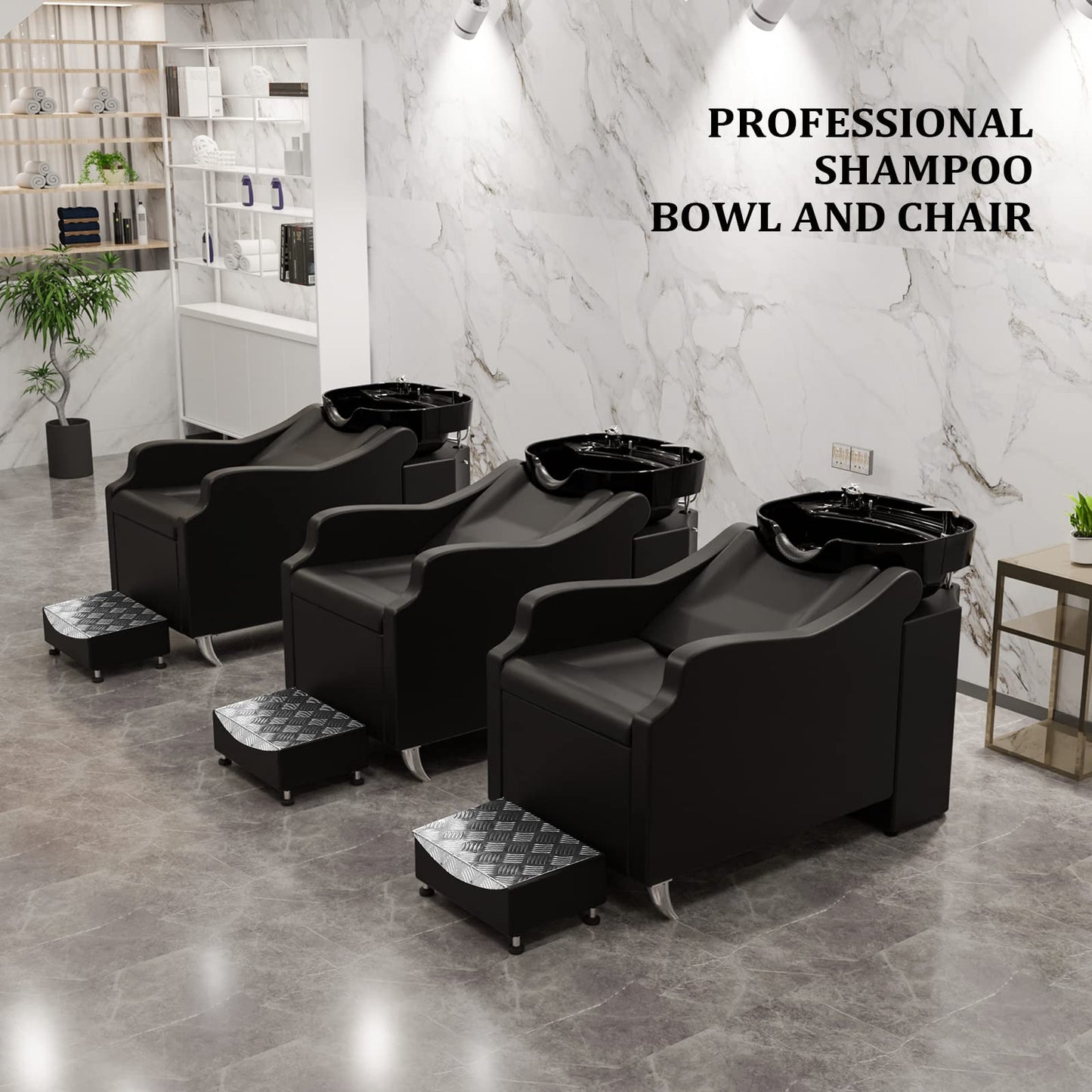 Gray OmySalon Shampoo Backwash Unit with Large Porcelain Bowl, Salon Sink Hair Wash Chair Shampoo Station, Barbershop Beauty Spa Massage Hairdressing Equipment