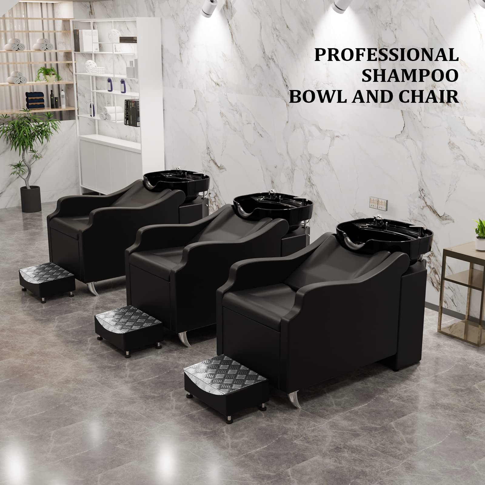 Gray OmySalon Shampoo Backwash Unit with Large Porcelain Bowl, Salon Sink Hair Wash Chair Shampoo Station, Barbershop Beauty Spa Massage Hairdressing Equipment