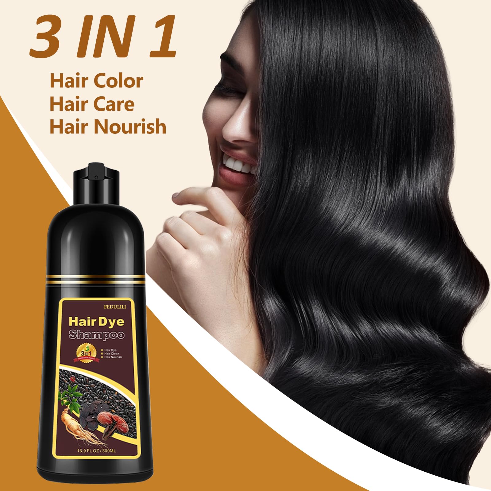 Black Instant Black Hair Dye Shampoo, Natural 3-in-1 for Gray Coverage in 10-15 mins, Long-Lasting Color Effect for Women and Men, 16.9 Fl Oz (Black)