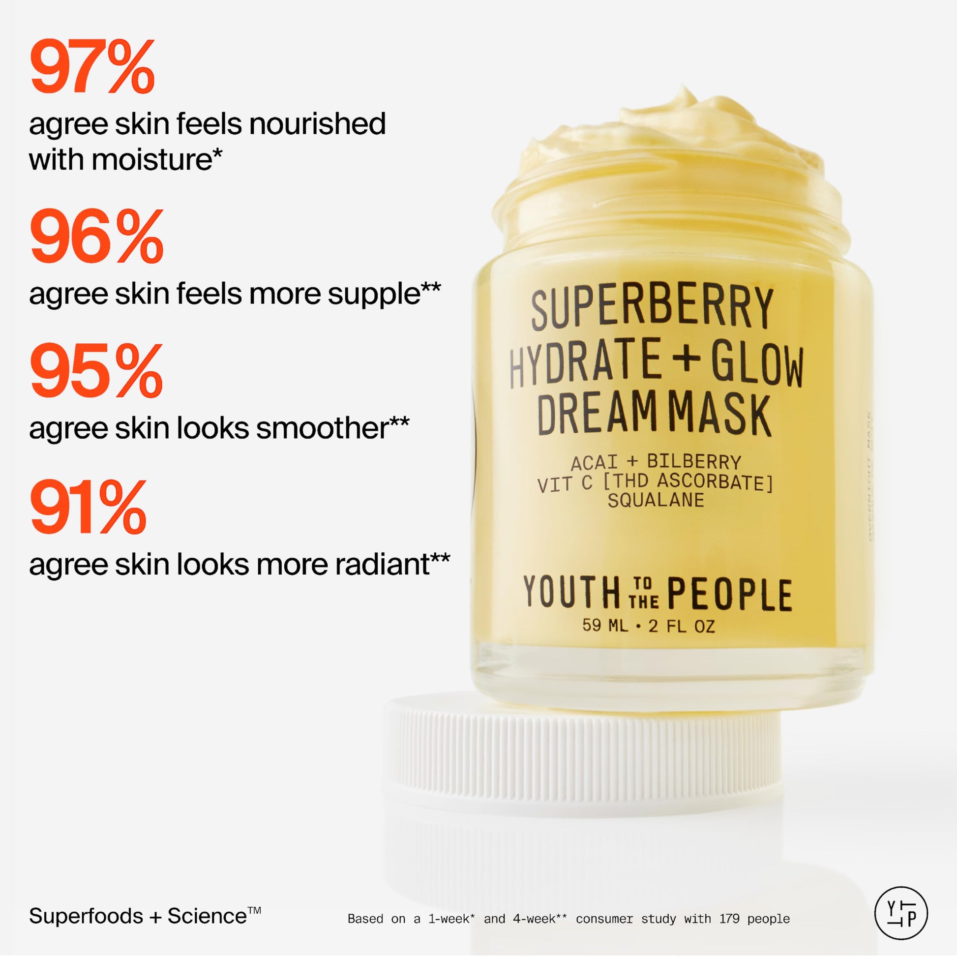 White Smoke Youth To The People Superberry Dream Mask Full Size - Hyaluronic Acid + Vitamin C Face Moisturizer + Overnight Facial Mask, Hydrates + Plumps + Brightens Skin, Evens Skin Tone, For Dry Skin - 2 fl oz