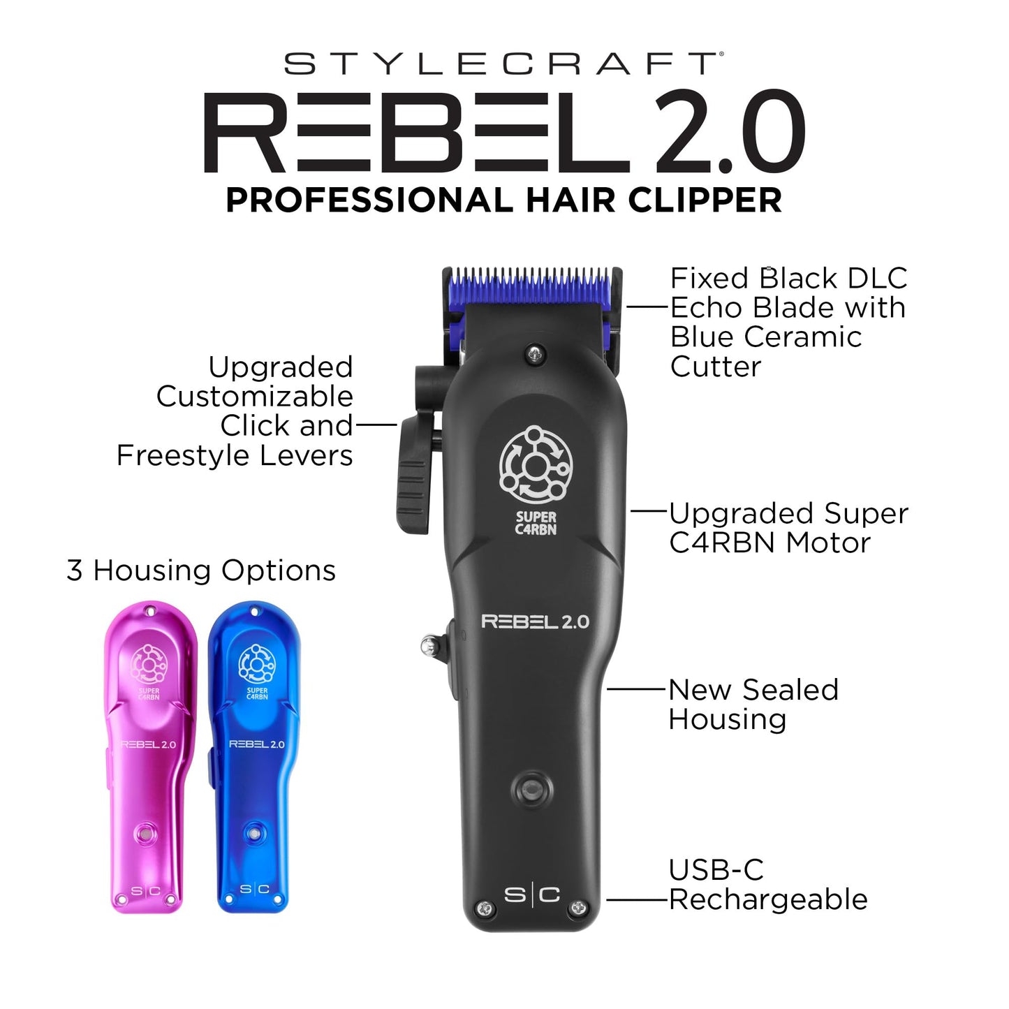 White Smoke StyleCraft Rebel 2.0 Hair Clipper, Super C4RBN Motor with DLC and Ceramic Blades USB-C Rechargeable, Cord/Cordless Haircutting