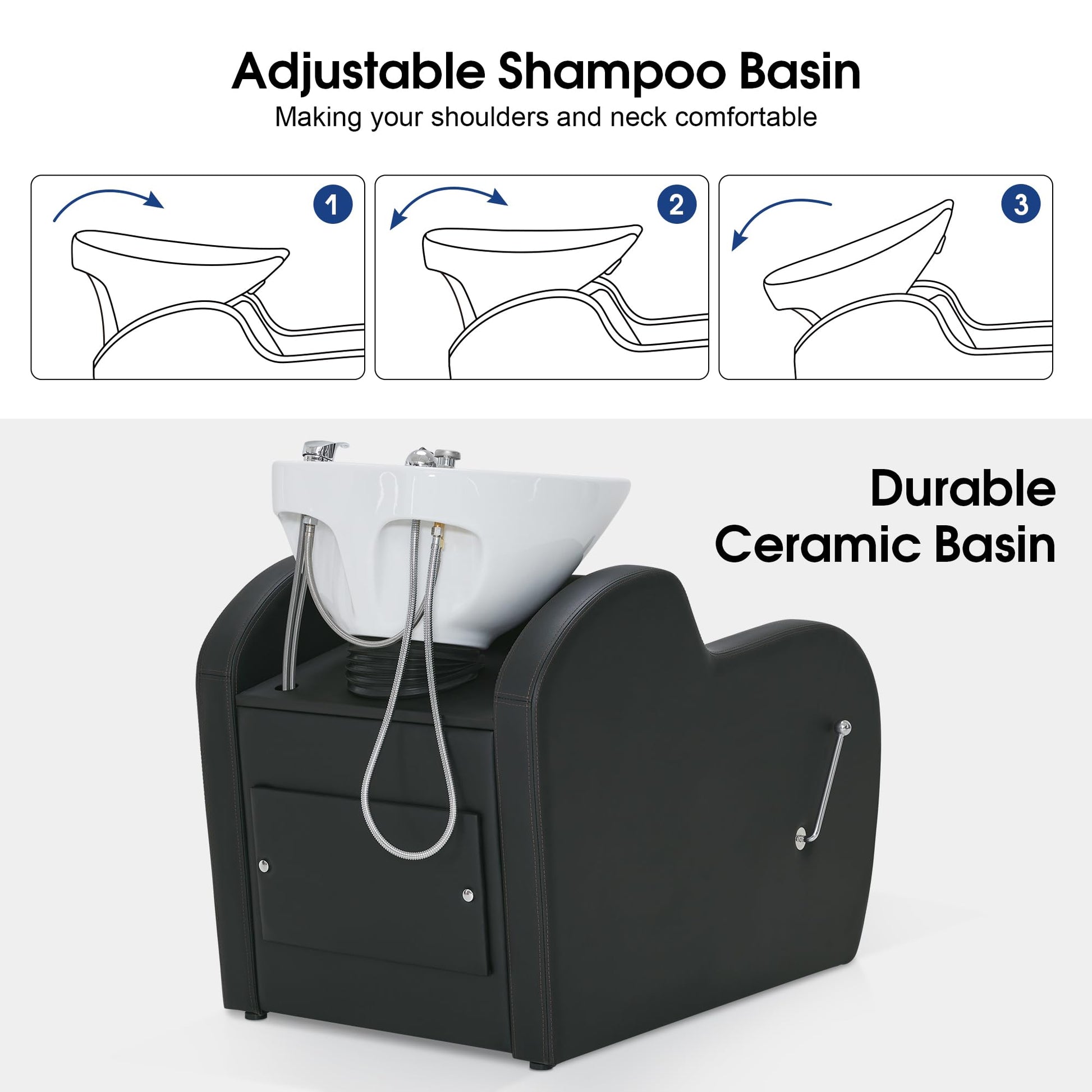 Lavender BarberPub Backwash Shampoo Unit with Leg Rest, Adjustable Ceramic Hair Wash Bowl Sink and Chair Set for Salon, Barbershop, Home Salon 9312 (Black)