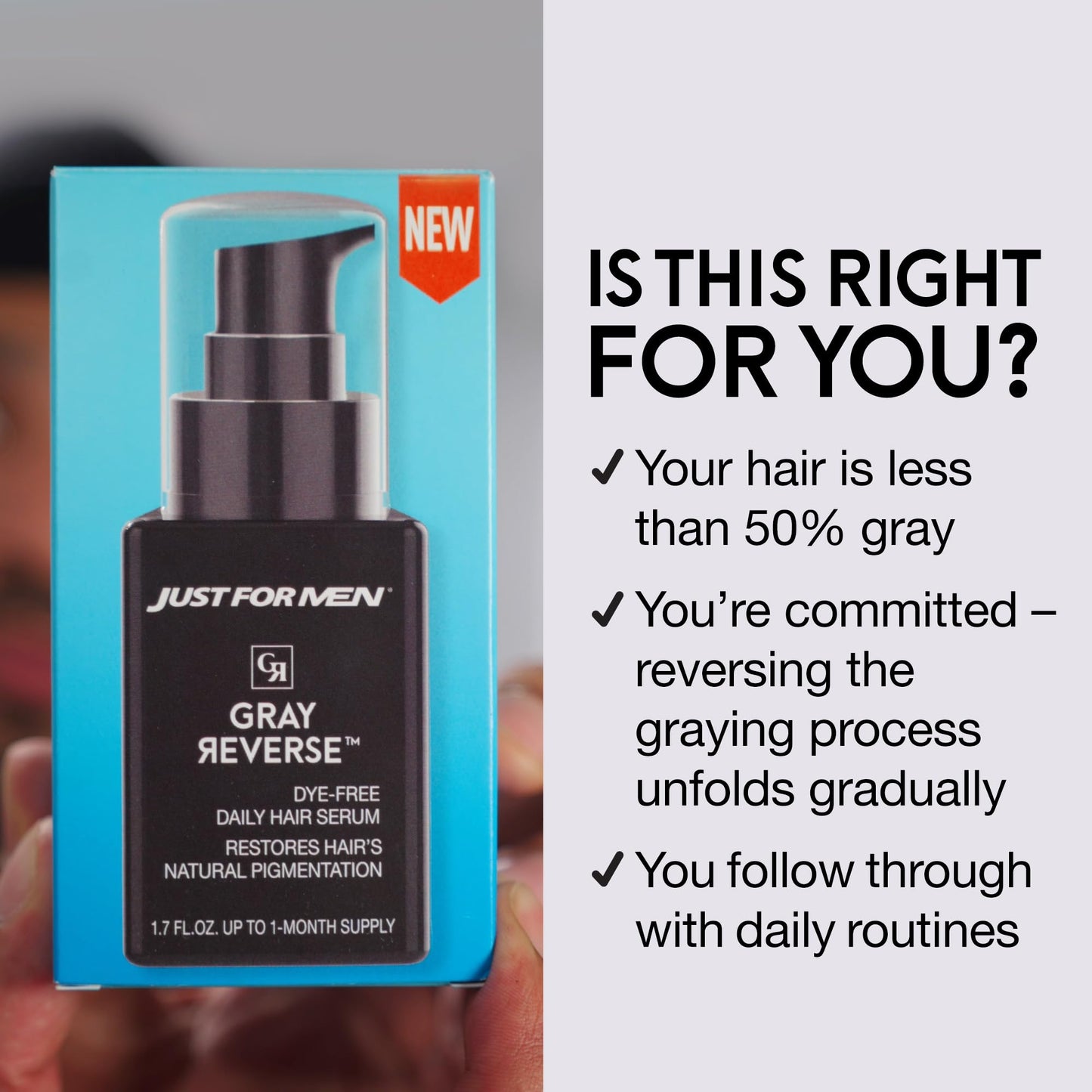 Lavender Just for Men Gray Reverse Daily Hair Serum, Gradually Reduces Gray Hair, Easy Dye-Free Serum, Travel Friendly, 1.7oz