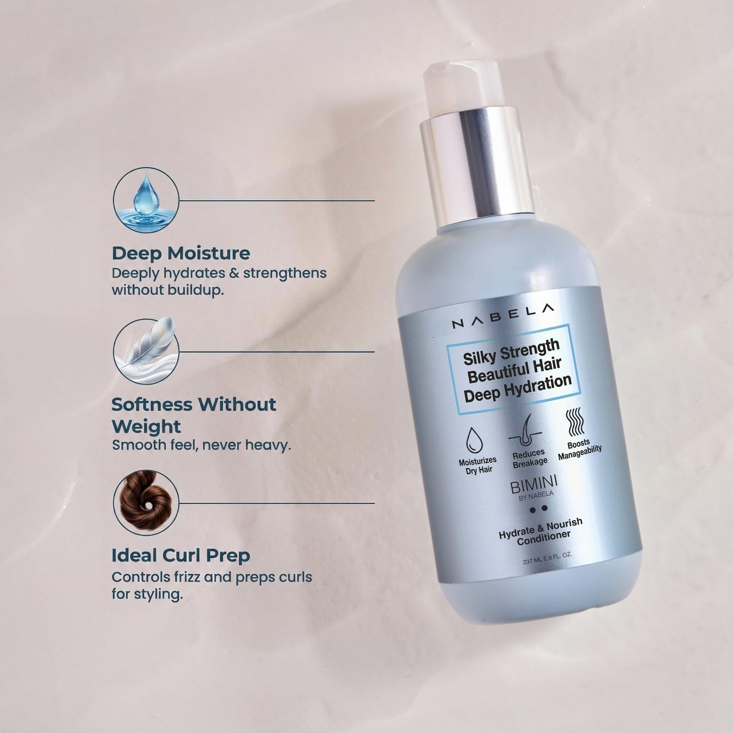 Light Gray NABELA Deep Hydration Bimini Conditioner - Curl Enhancing & Anti-Frizz Treatment with Hyaluronic Acid, Shea Butter & Argan Oil - Weightless Moisture & Flexible Hold for Waves & Coils - 8 fl oz