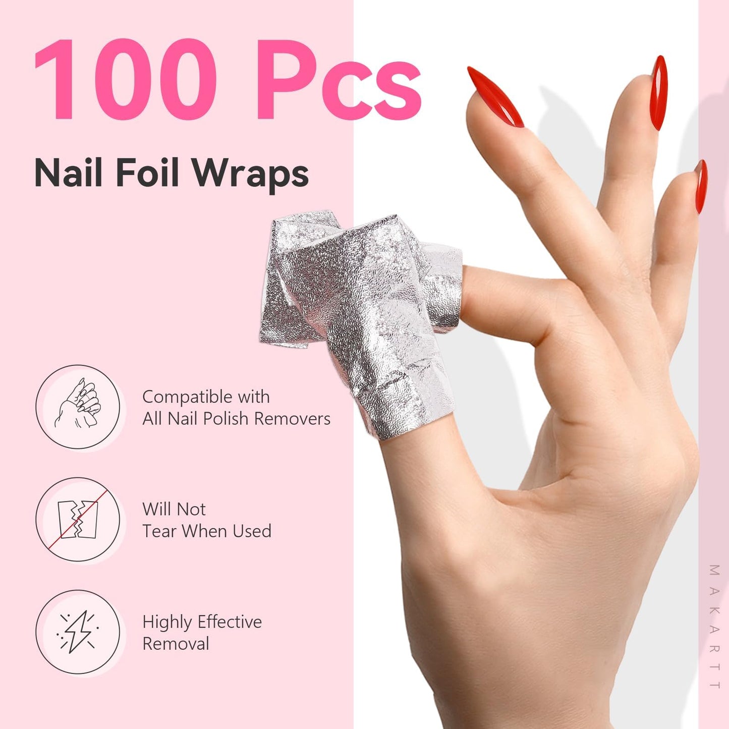 Misty Rose Makartt Nail Foil Wraps, 100PCS Soak Off Foils with Pre-Attached Larger Lint-Free Cotton Pads for Removing Gel Polish, Acrylic, Dip Powder, Builder Gel & Nail Glue