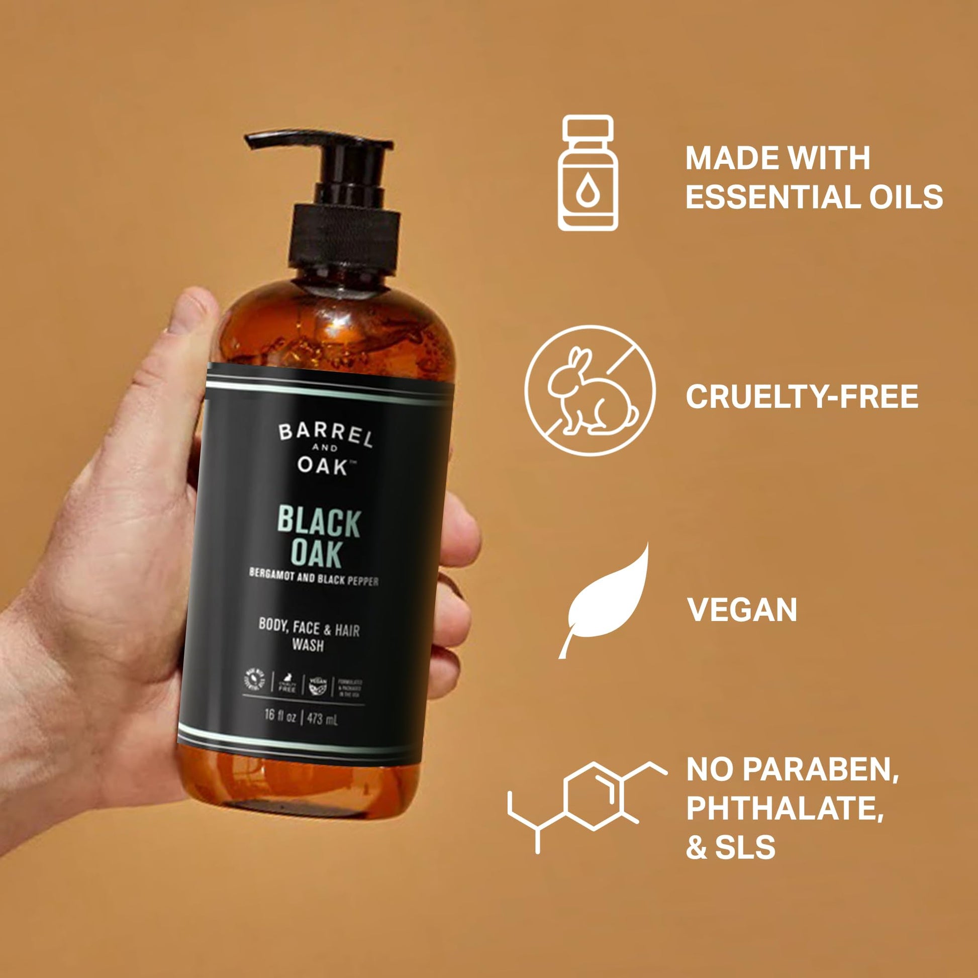 Chocolate Barrel & Oak All-in-One Wash for Face, Hair, & Body, Vegan & Hydrating Face, Shampoo and Body Wash for Men, Grooming Kit Gifts for Men, Black Oak, 16 oz